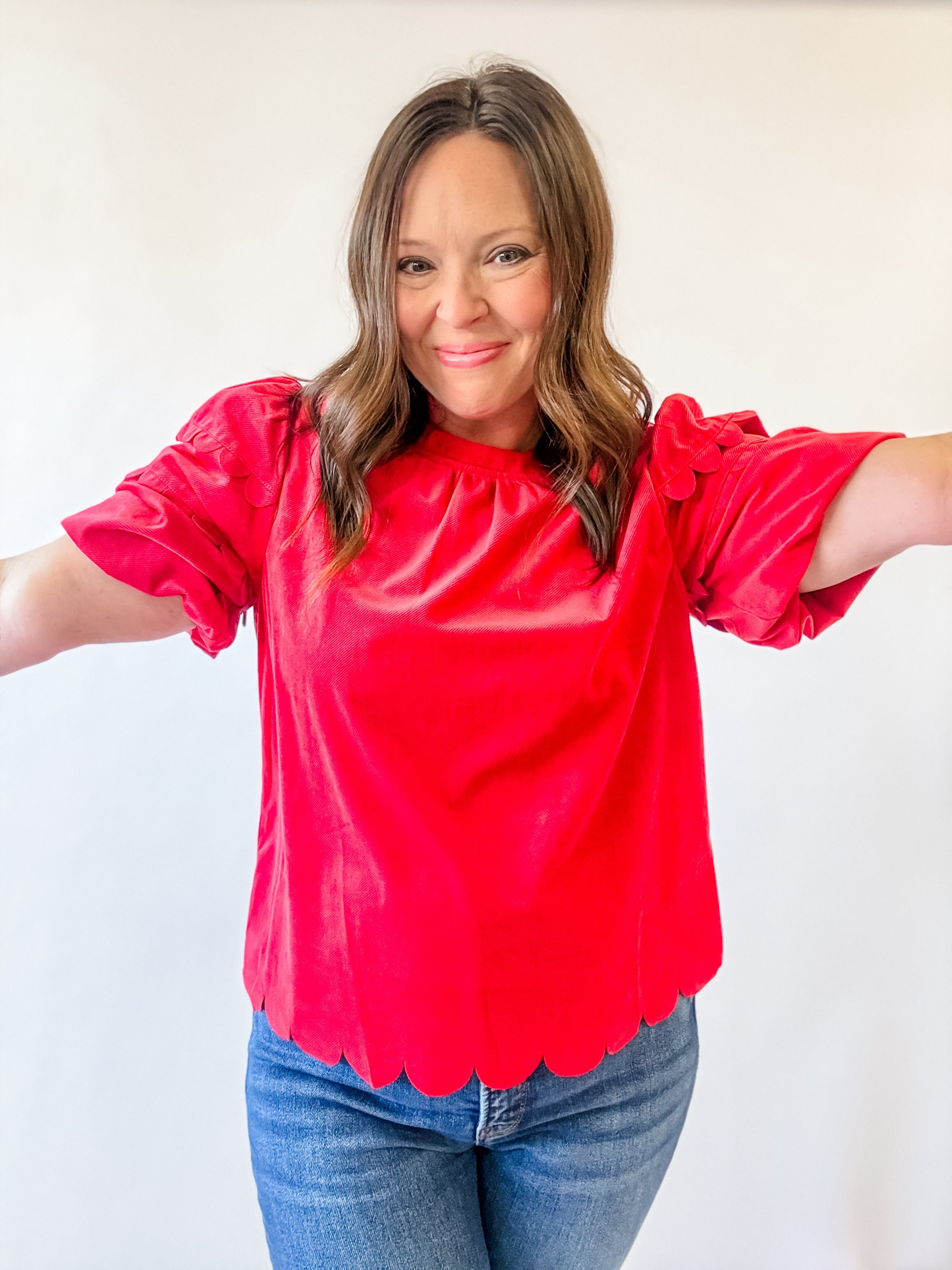 Red Velvet Scalloped Puff Sleeve Top - Just a Small Town Girl
