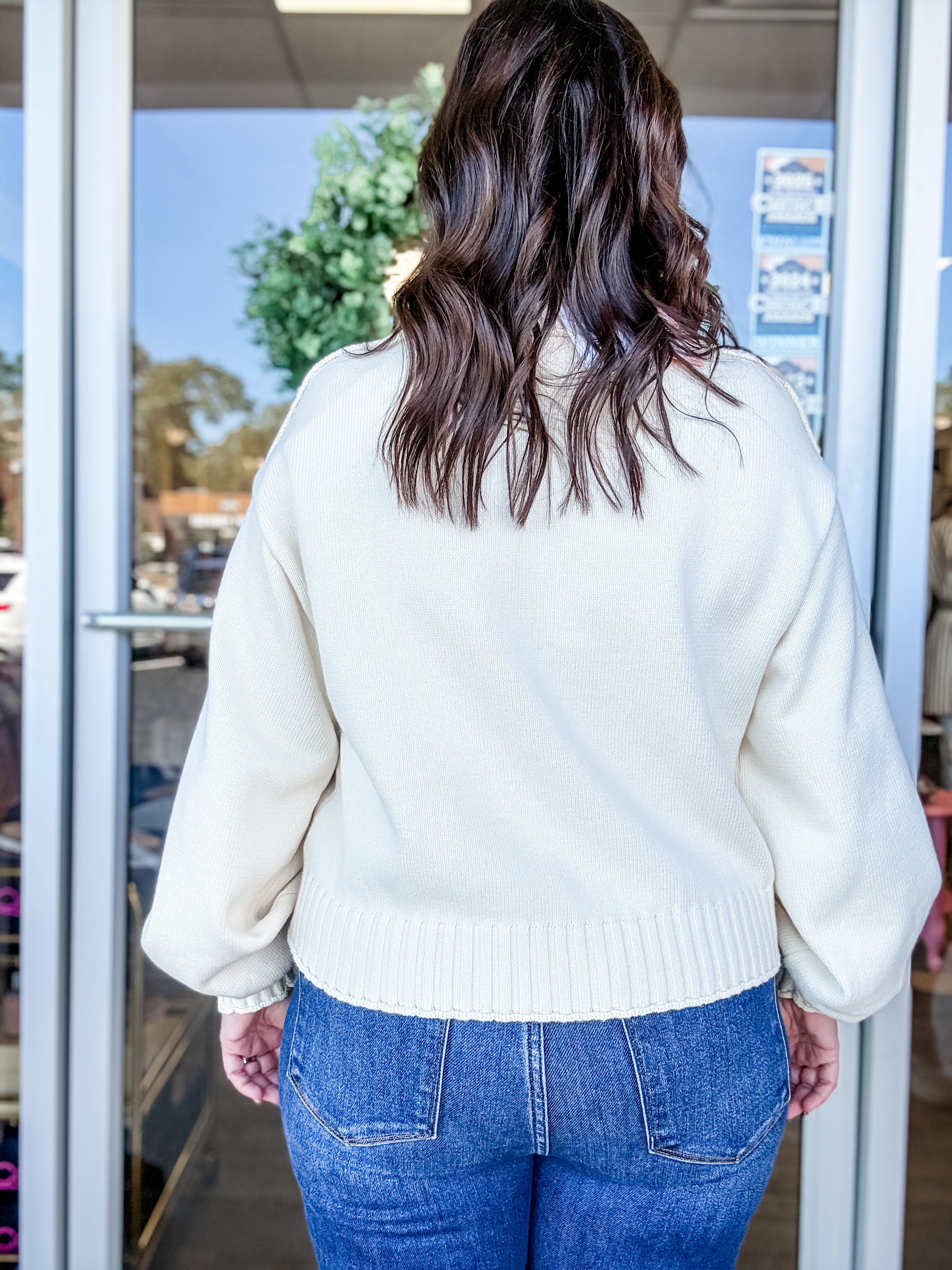 Ribbed-Collar Crewneck Sweater - Just a Small Town Girl