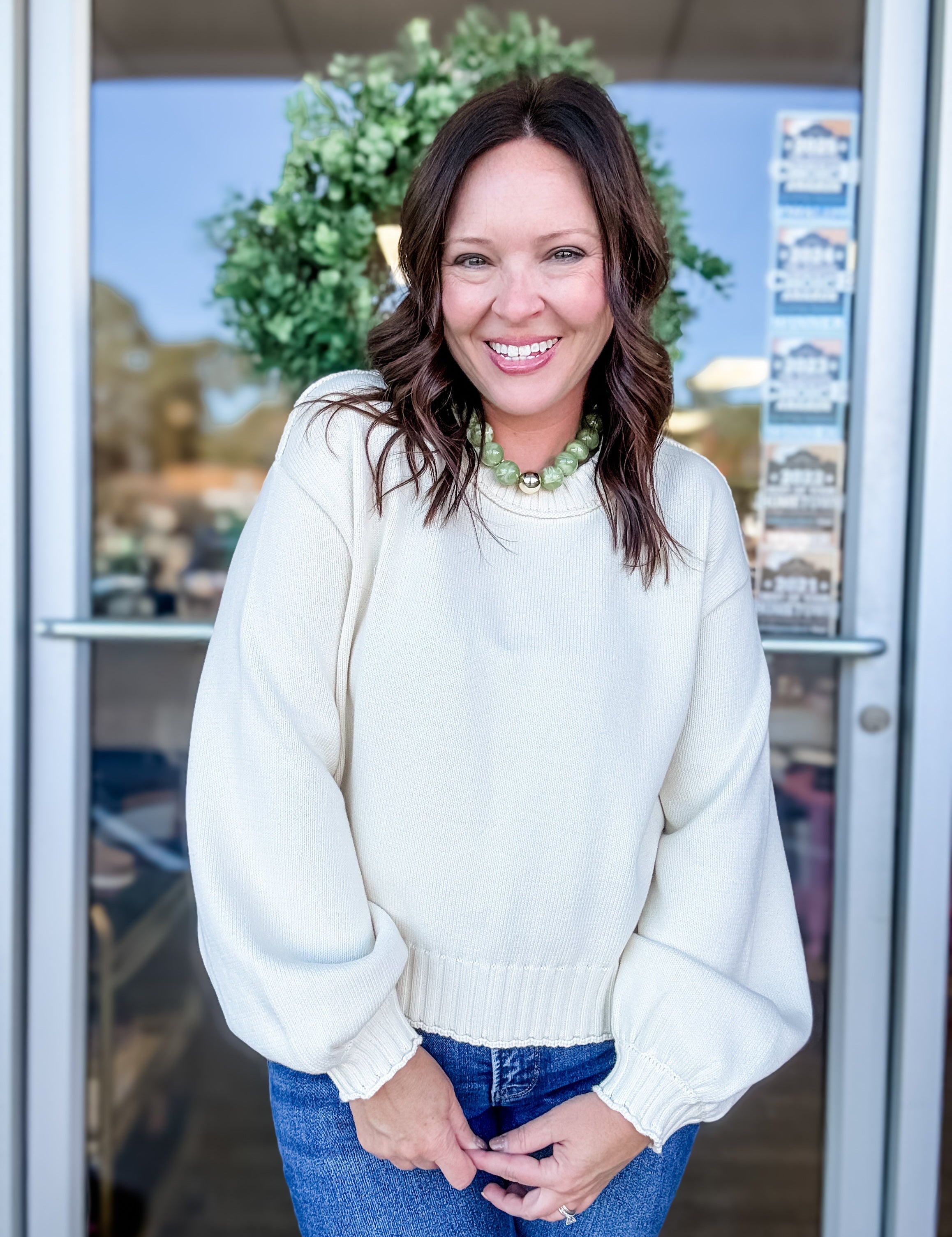 Ribbed-Collar Crewneck Sweater - Just a Small Town Girl