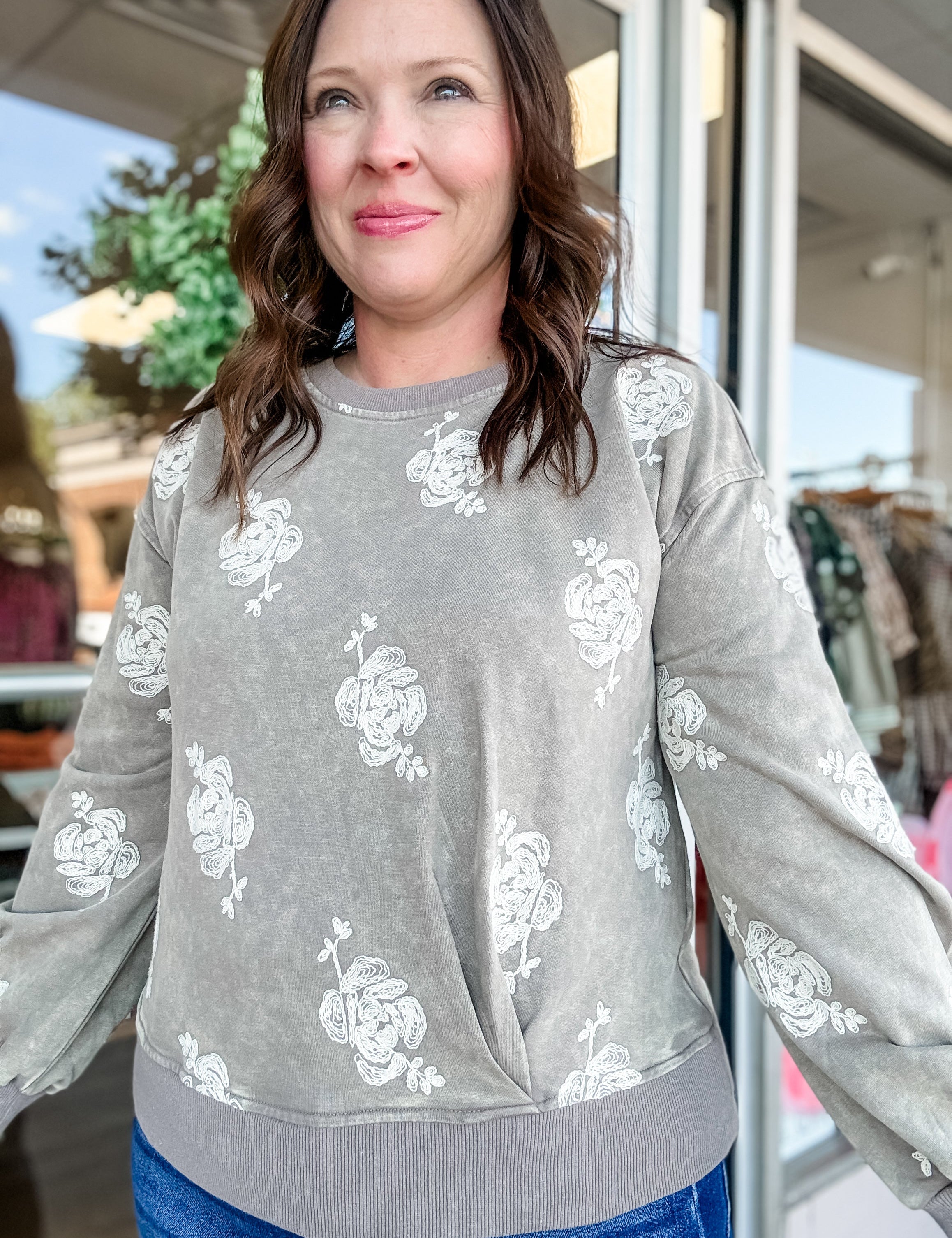 Rose Embroidered Washed Sweatshirt - Just a Small Town Girl