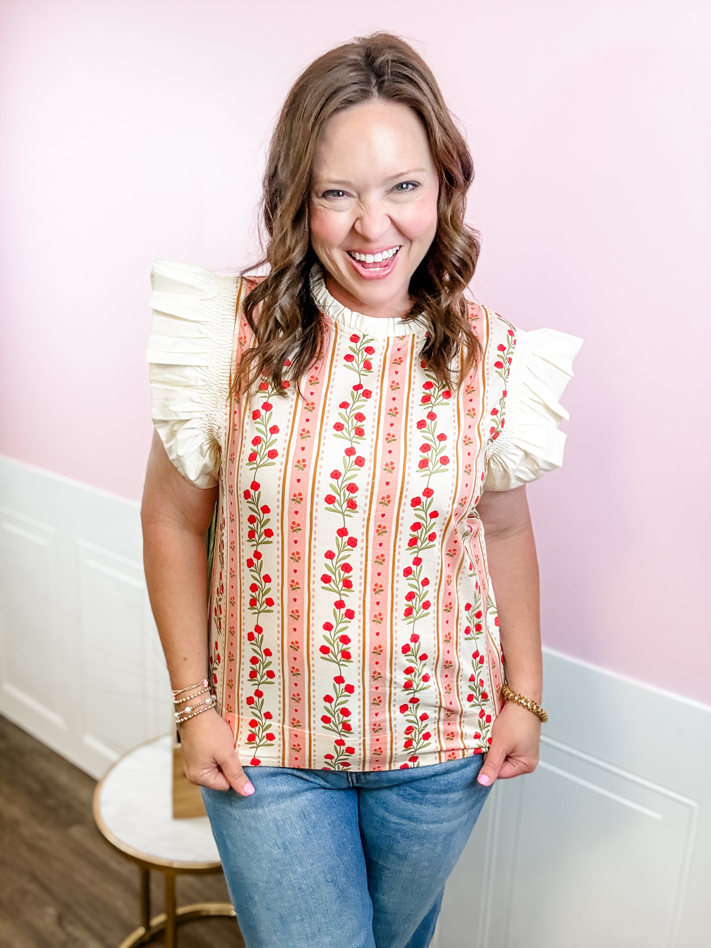 Rosebud Stripe Ruffle Top - Just a Small Town Girl