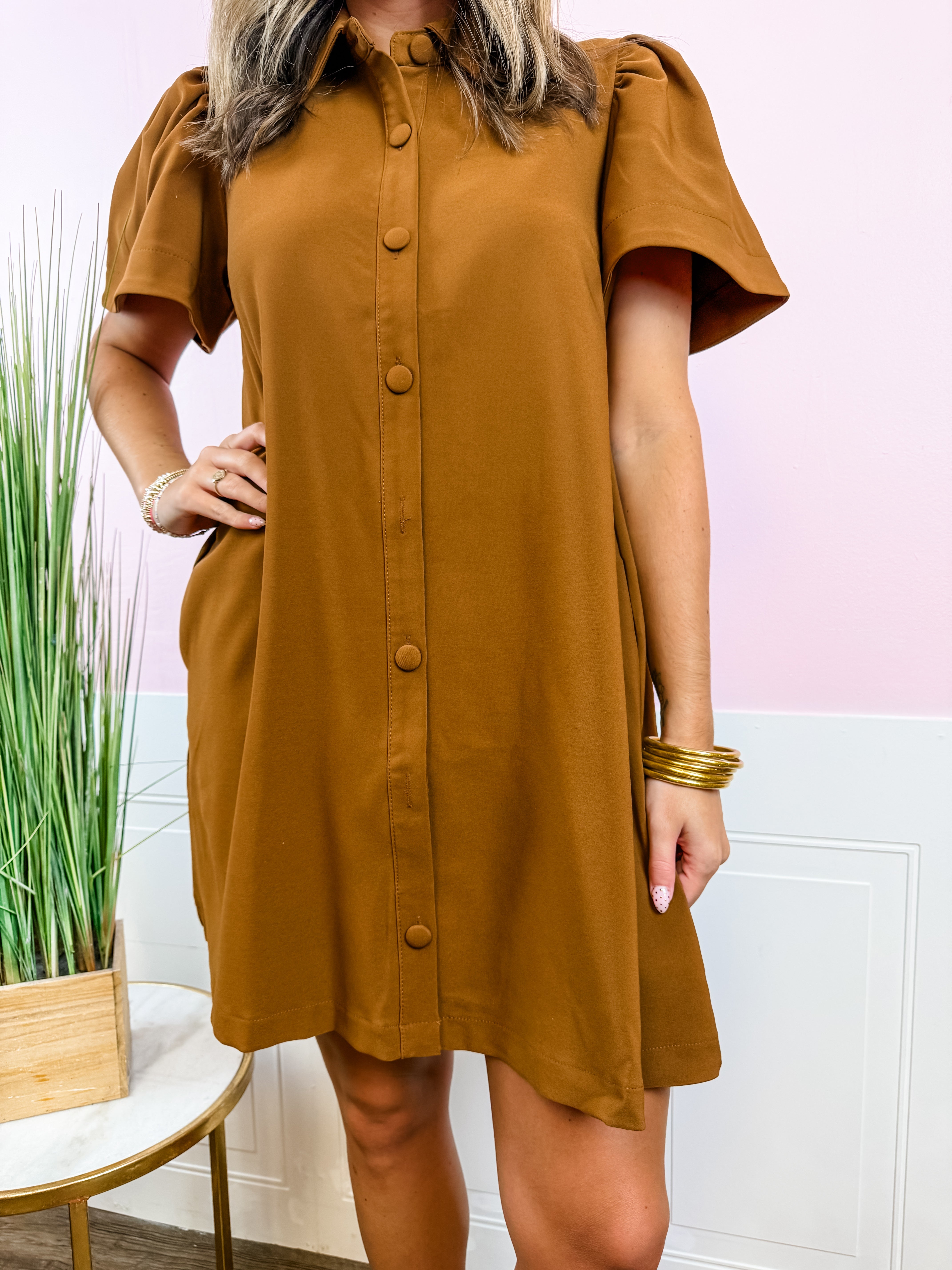 Rust Button-Front Puff Sleeve Shirtdress - Just a Small Town Girl