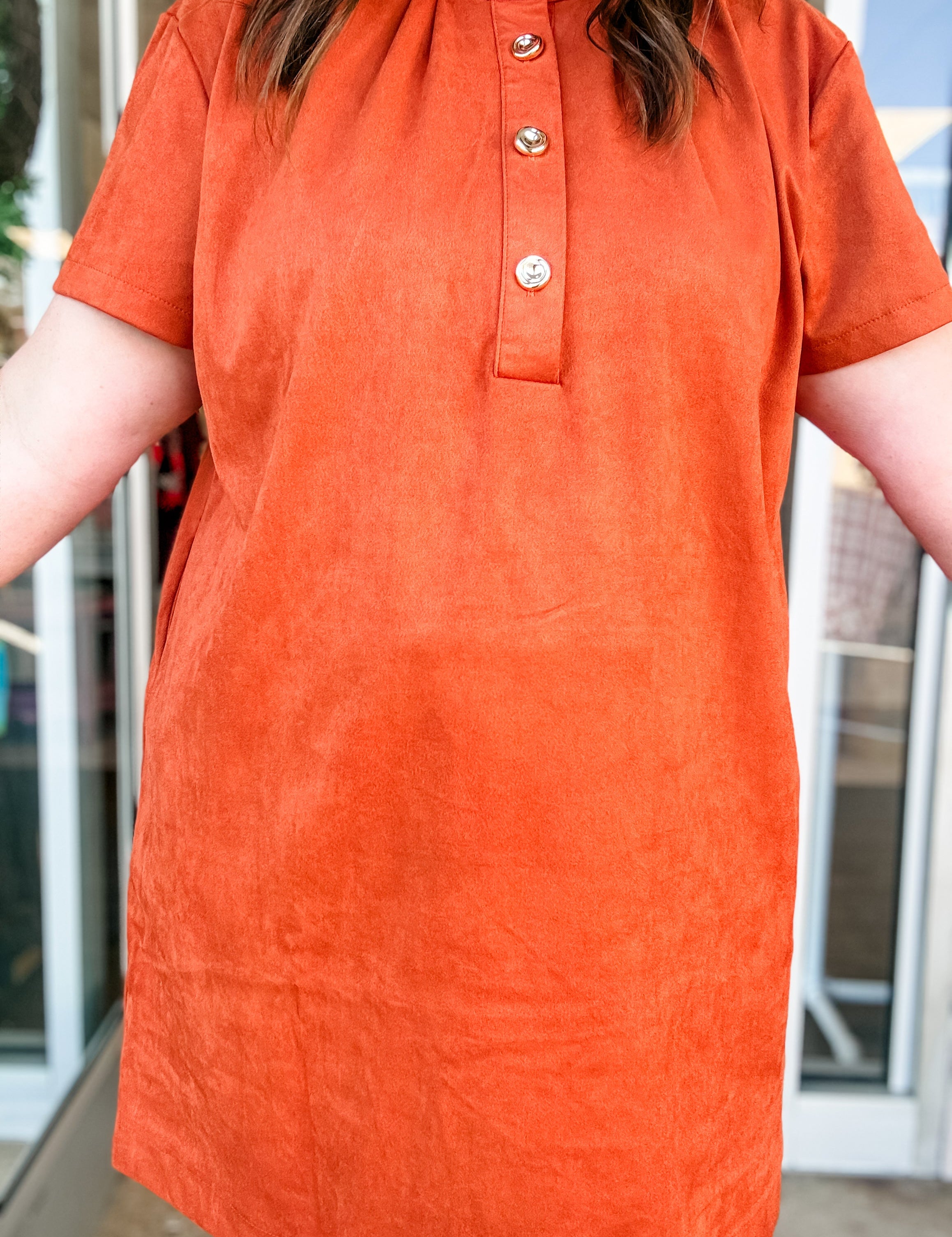 Rust Suede Mock Neck Button Dress - Just a Small Town Girl