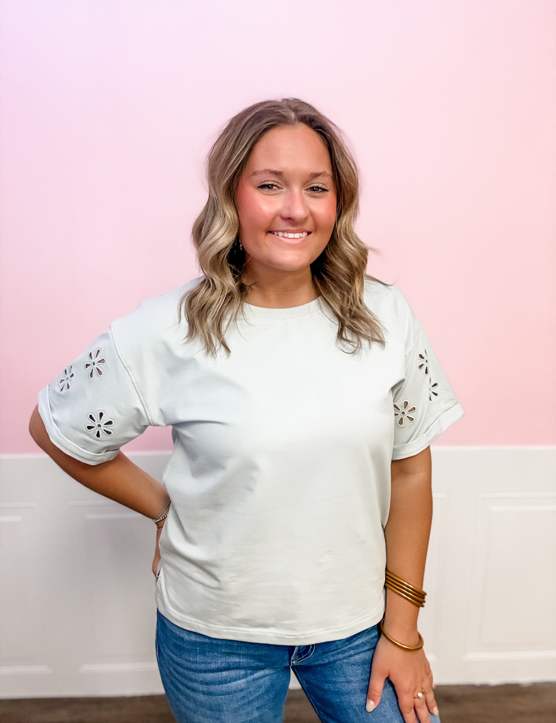 Sage Bloom Eyelet Tee - Just a Small Town Girl