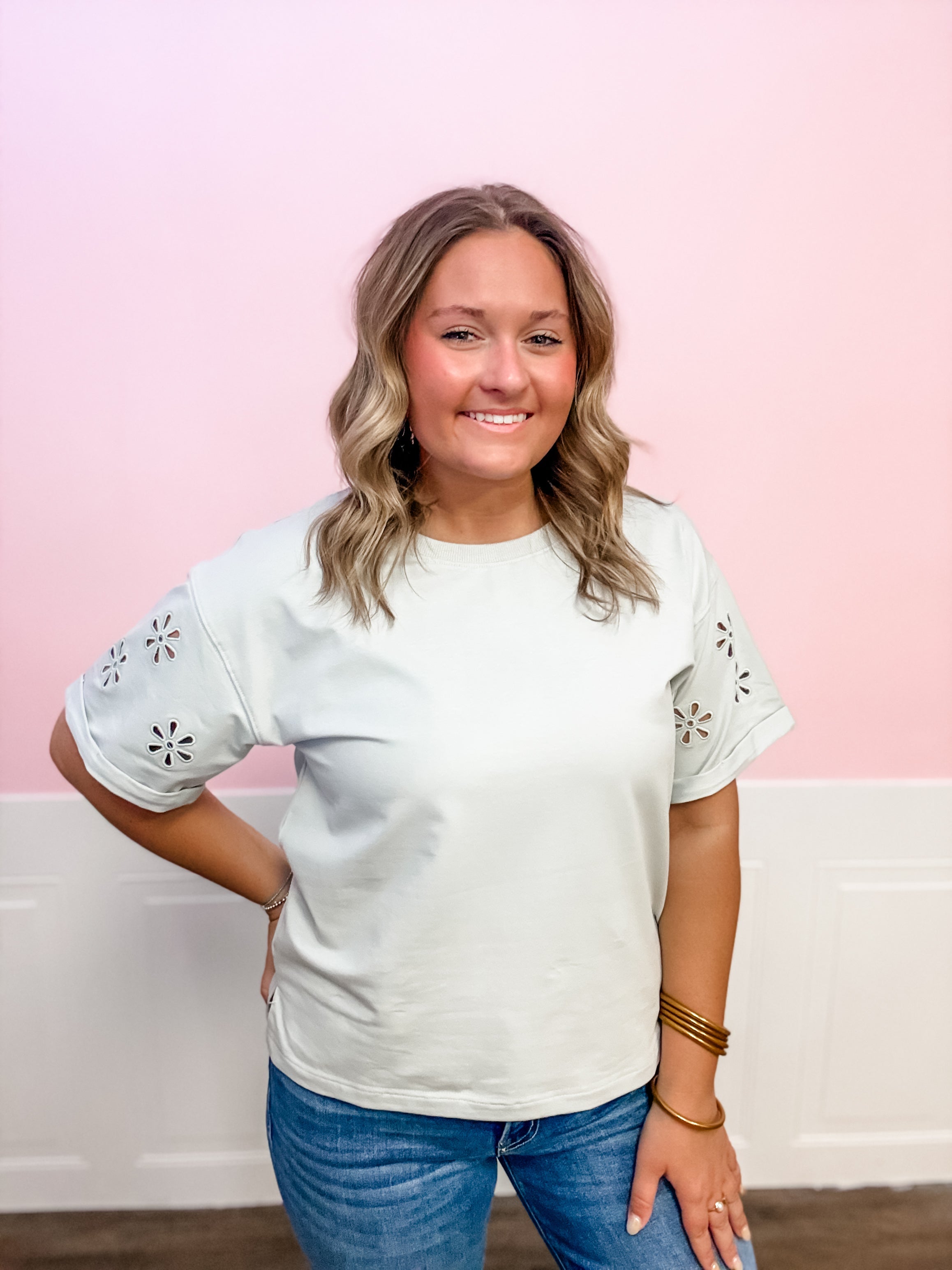 Sage Bloom Eyelet Tee - Just a Small Town Girl
