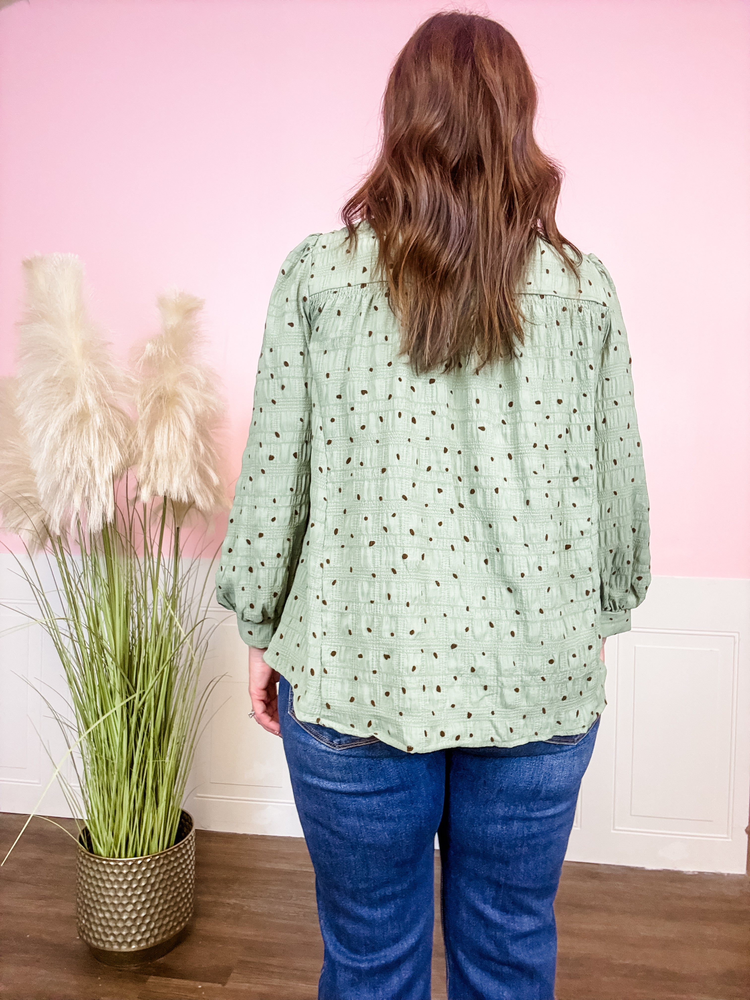 Sage Polka Dot Smocked Babydoll Top - Just a Small Town Girl