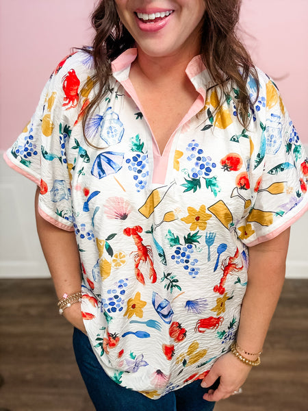 Seaside Harvest V - Neck Top - Just a Small Town Girl