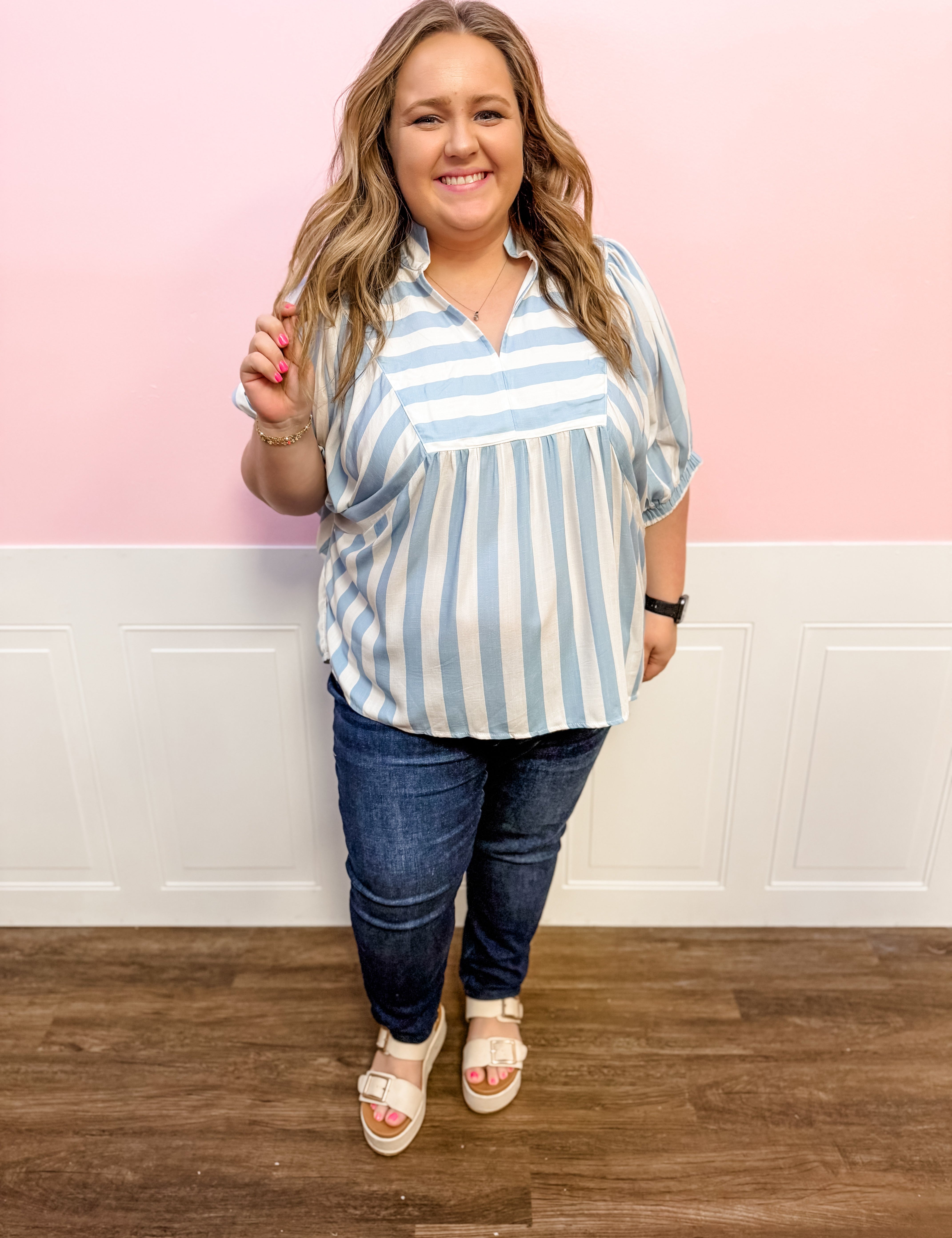 Seaside Stripe Flutter Top: Plus Size - Just a Small Town Girl