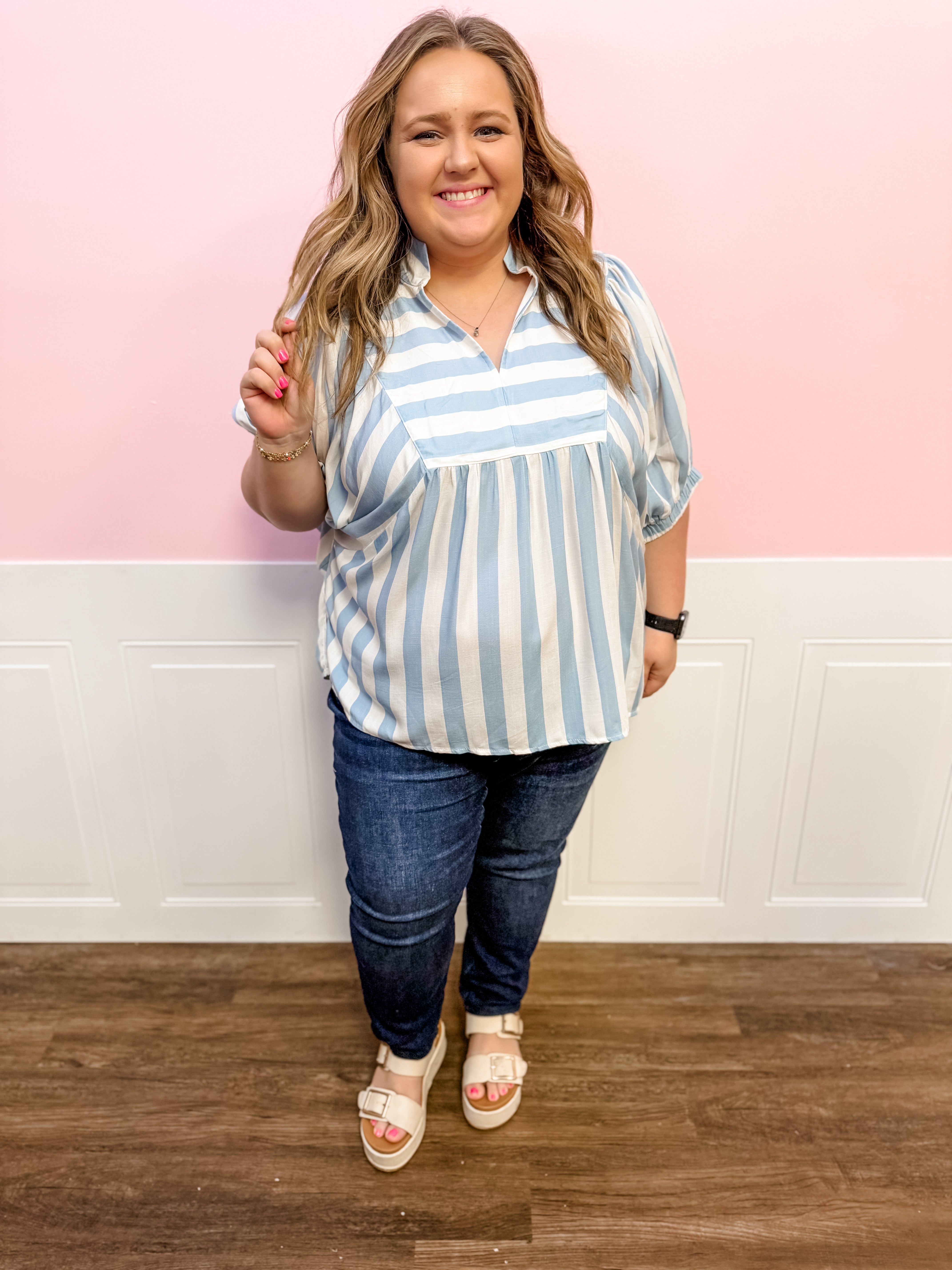 Seaside Stripe Flutter Top: Plus Size - Just a Small Town Girl