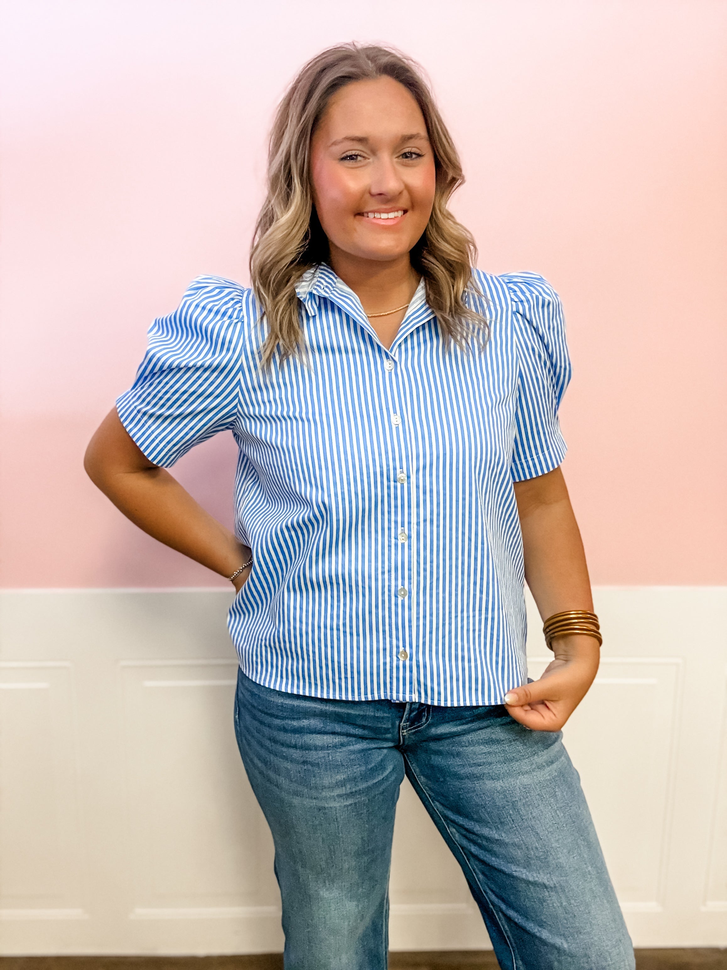 Seaside Stripe Ruffle Blouse - Just a Small Town Girl