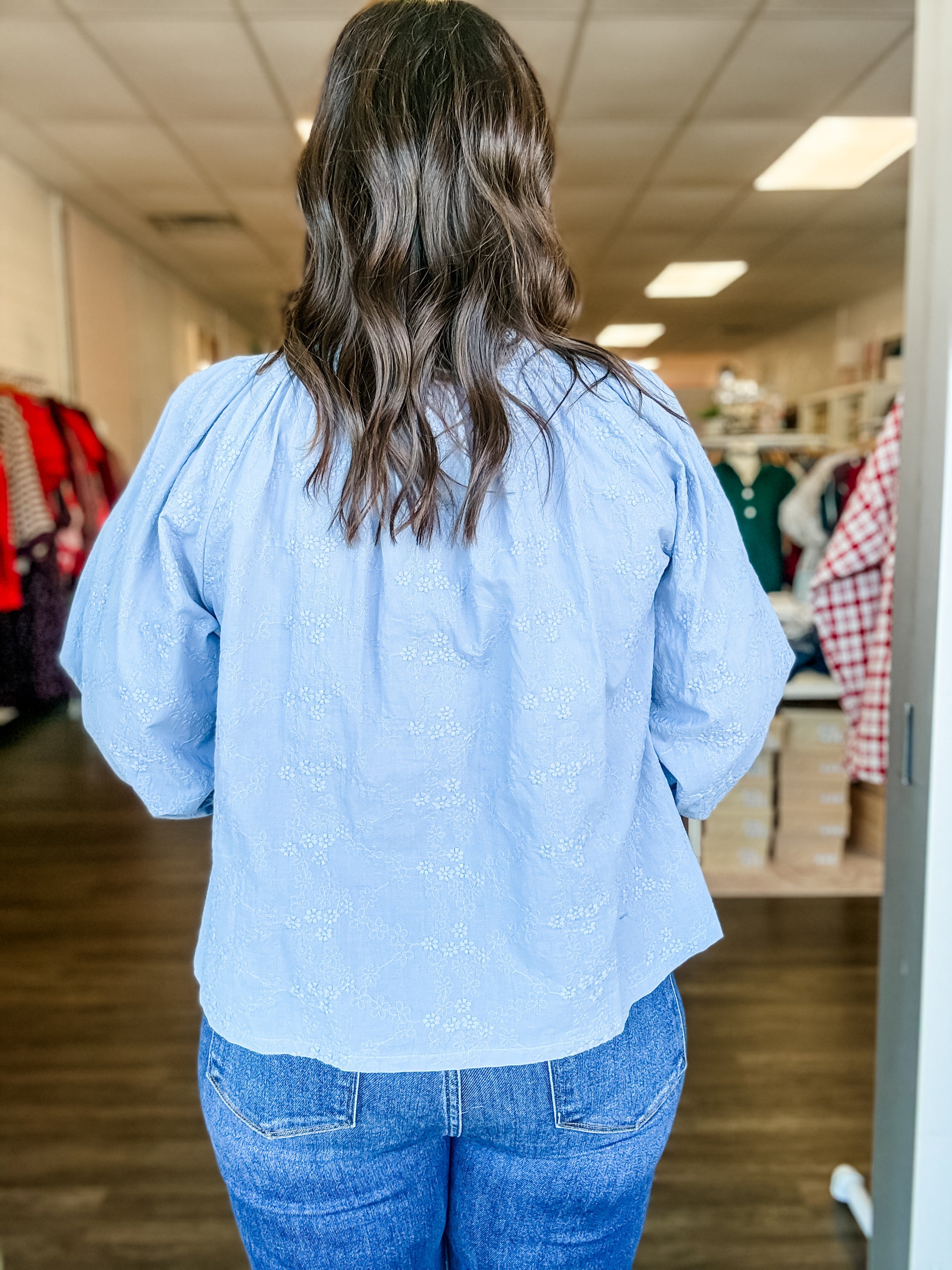 Slate Blue Embroidered Smocked Button-Up Blouse - Just a Small Town Girl