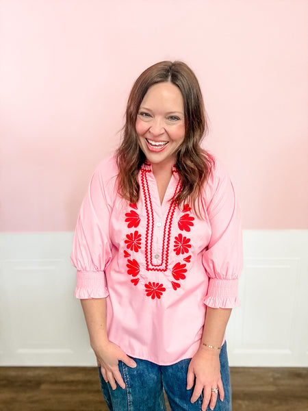 Sweetheart Stitch Embroidered Top - Just a Small Town Girl