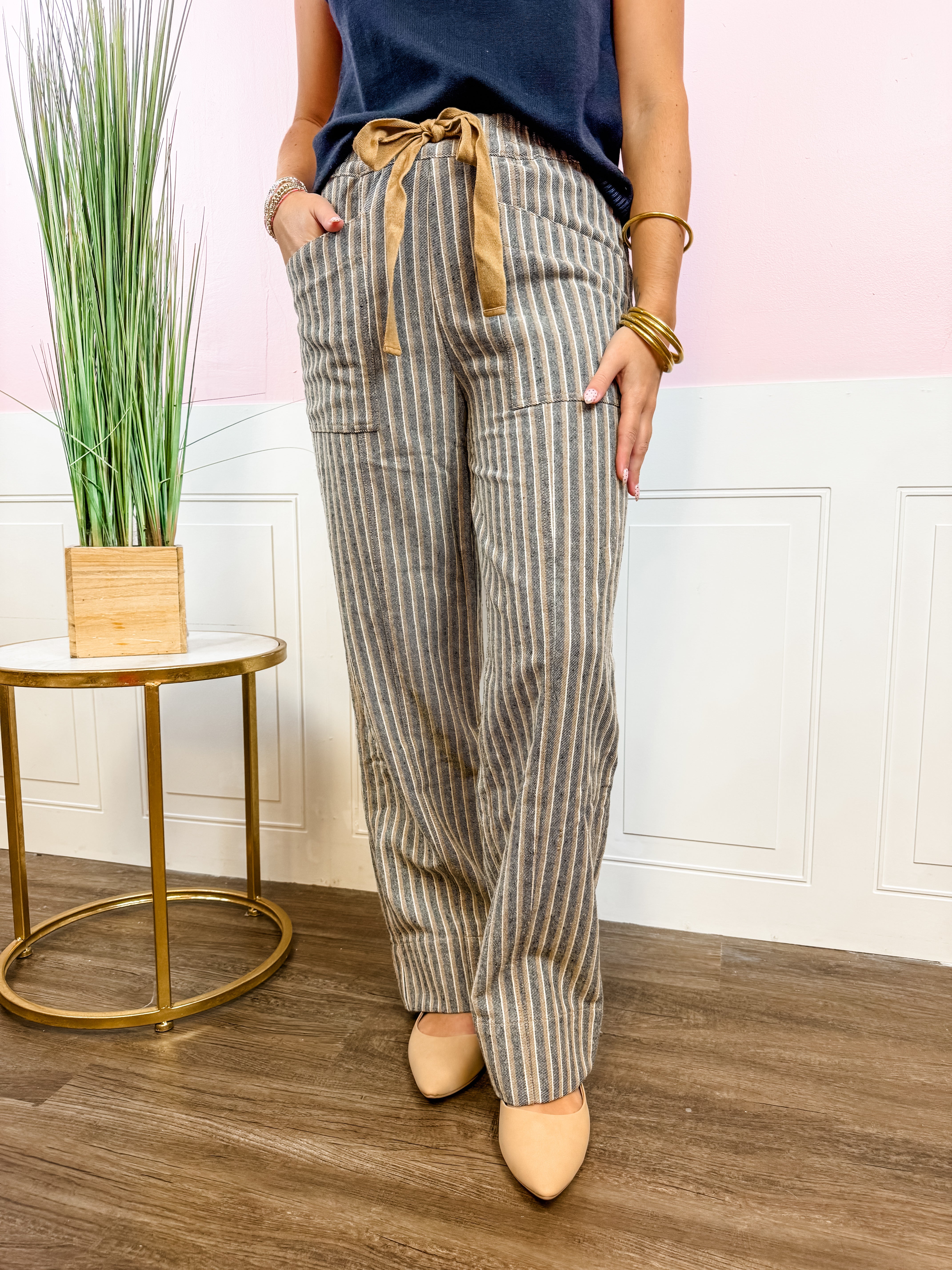 Tan Stripe Drawstring Pull-On Pants - Just a Small Town Girl