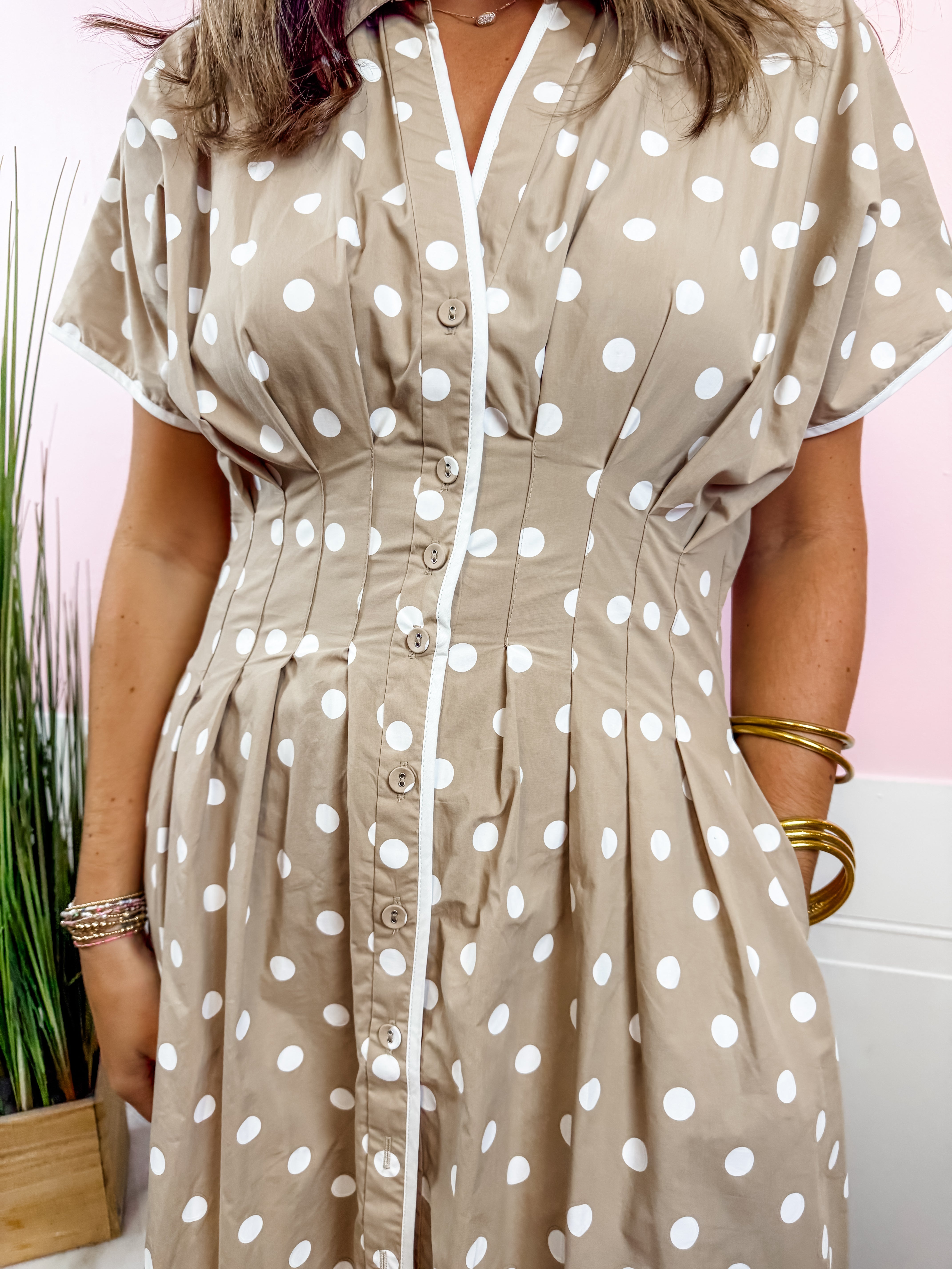 Taupe Polka Dot Collared Maxi Dress - Just a Small Town Girl