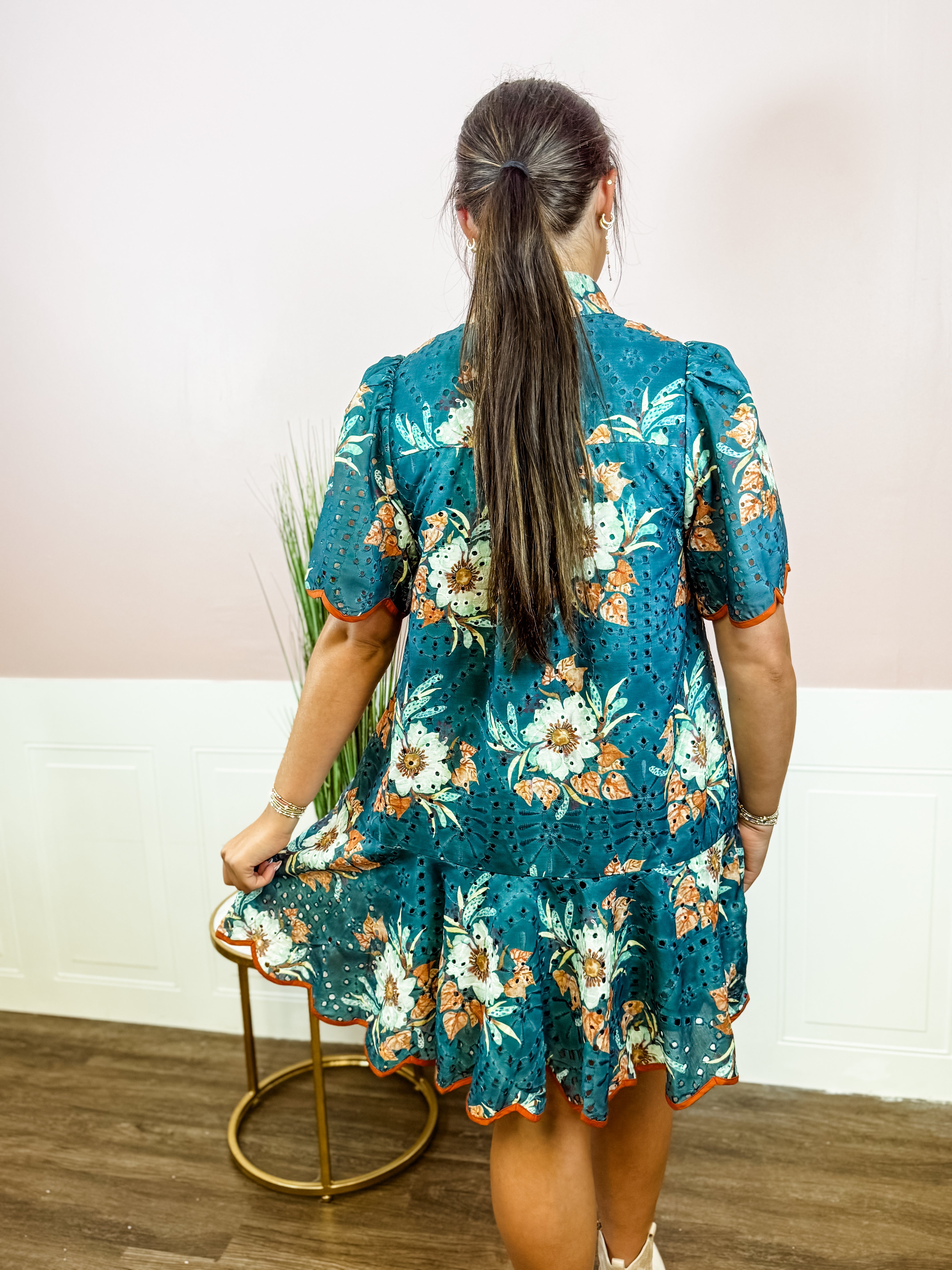 Teal Floral Eyelet Mini Dress - Just a Small Town Girl