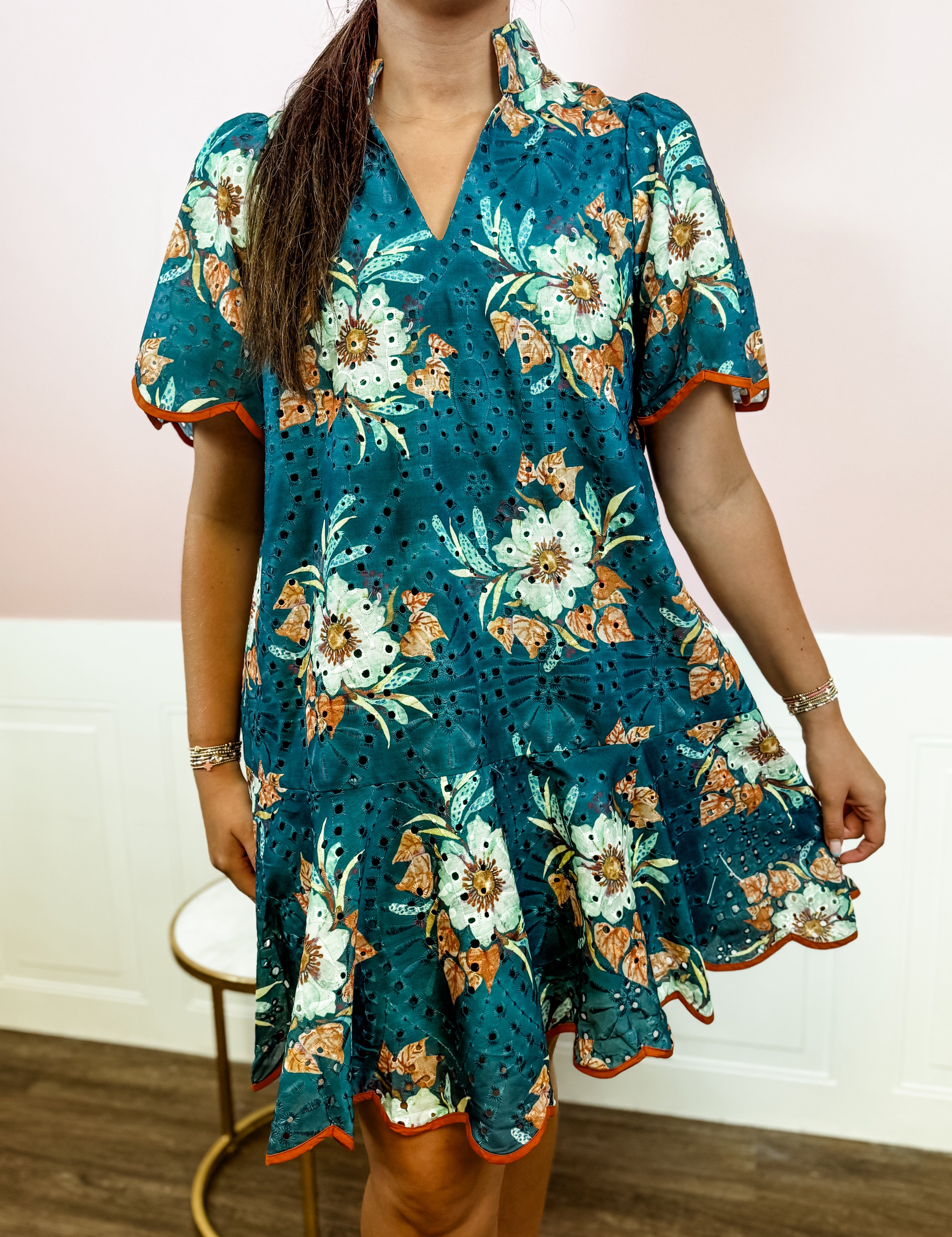Teal Floral Eyelet Mini Dress - Just a Small Town Girl