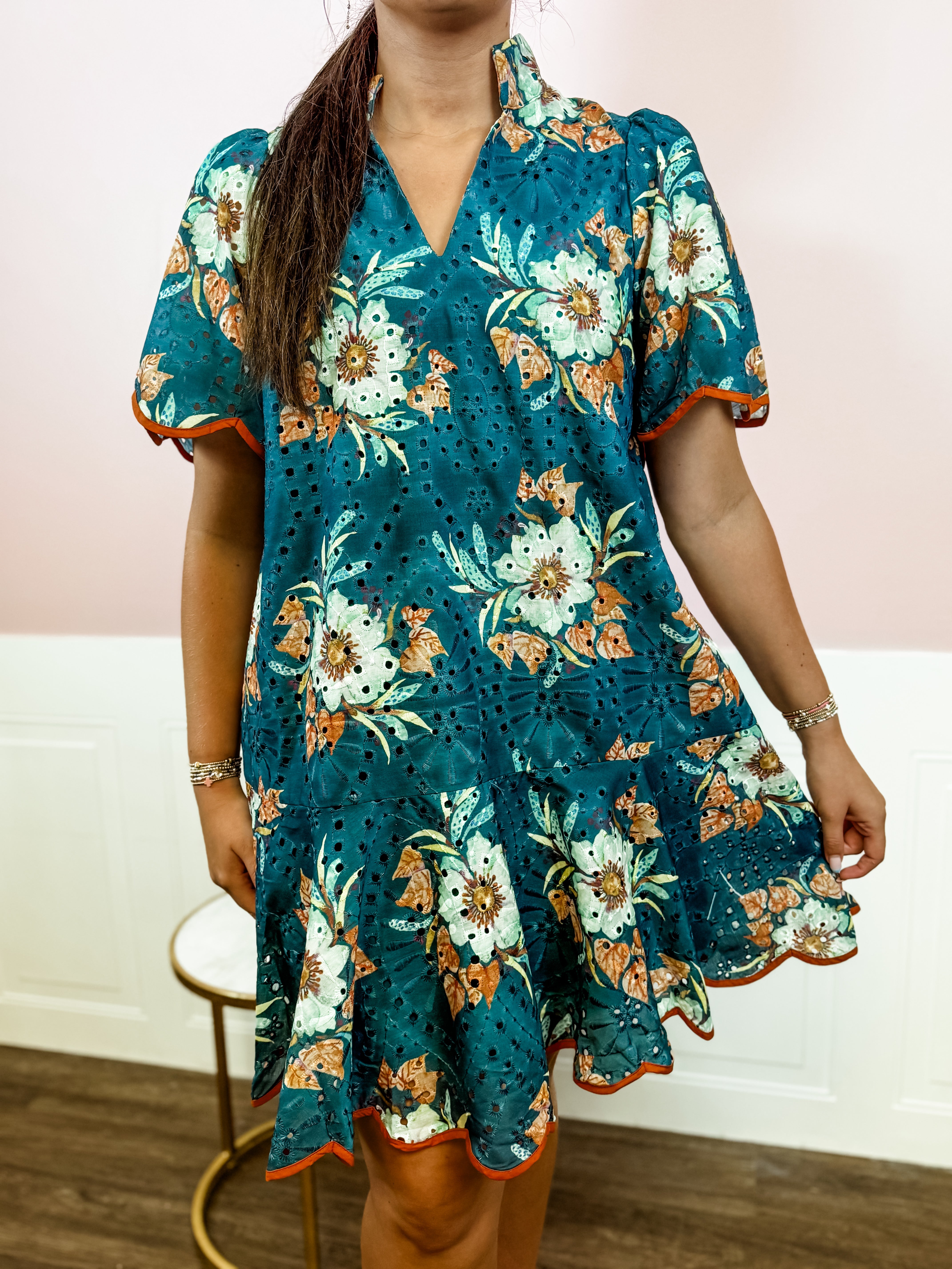 Teal Floral Eyelet Mini Dress - Just a Small Town Girl