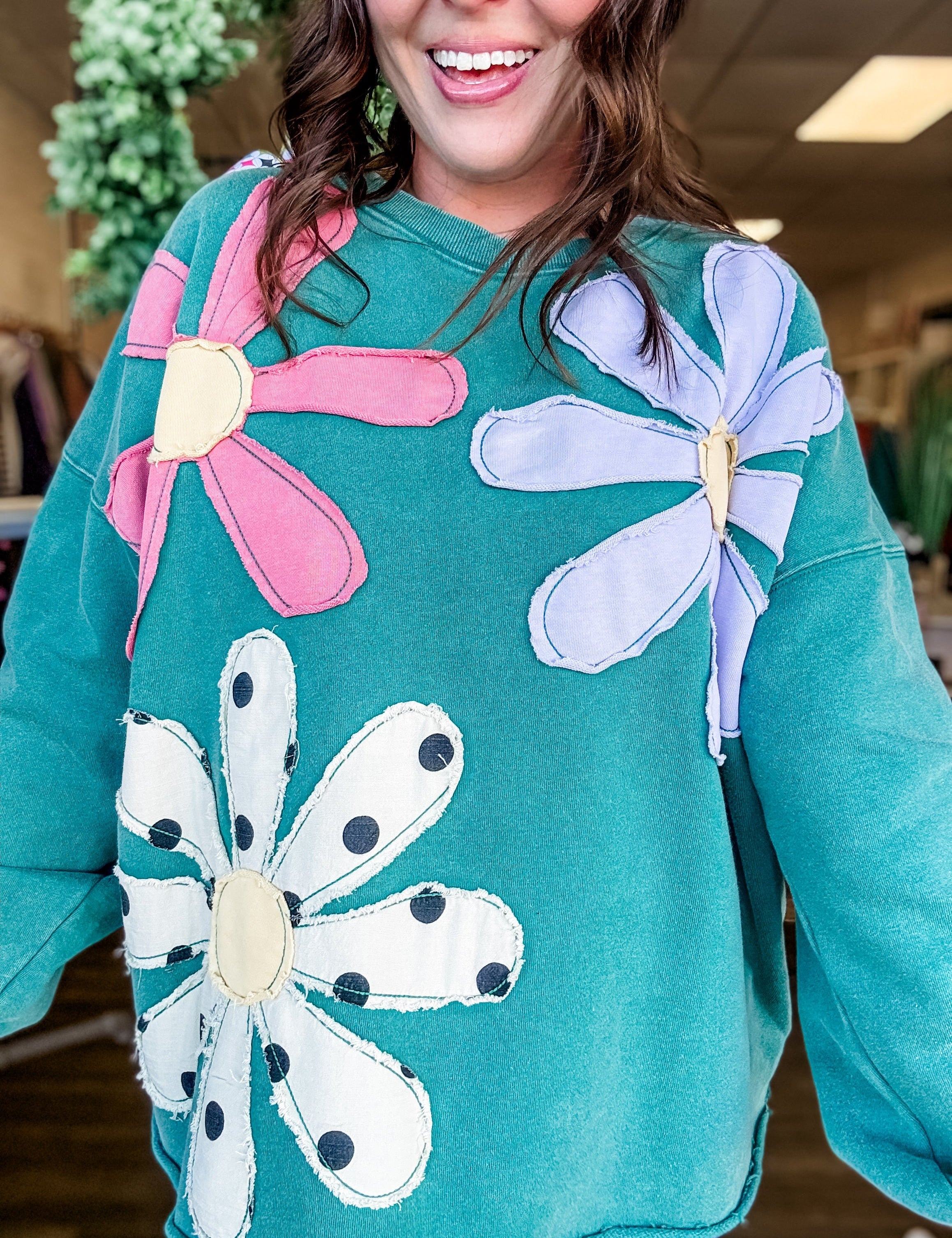 Teal Flower Patch Sweatshirt - Just a Small Town Girl