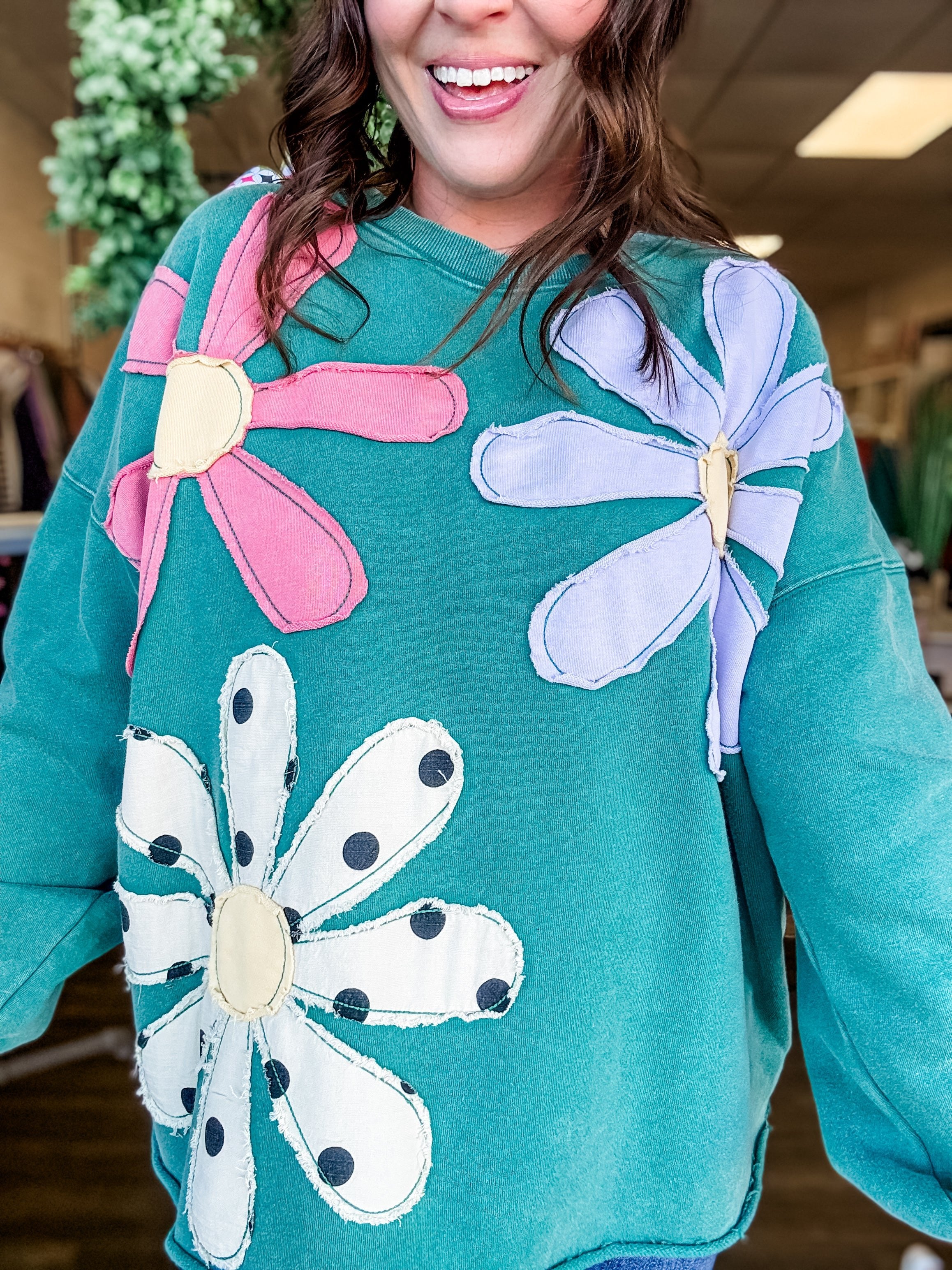 Teal Flower Patch Sweatshirt - Just a Small Town Girl