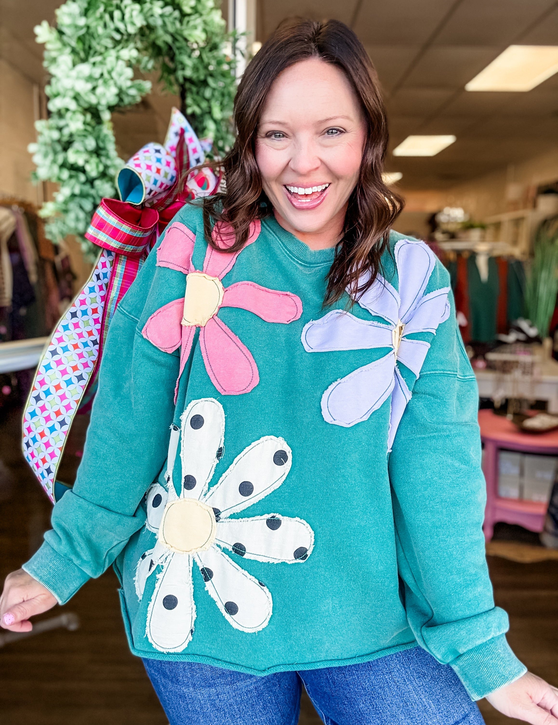 Teal Flower Patch Sweatshirt - Just a Small Town Girl