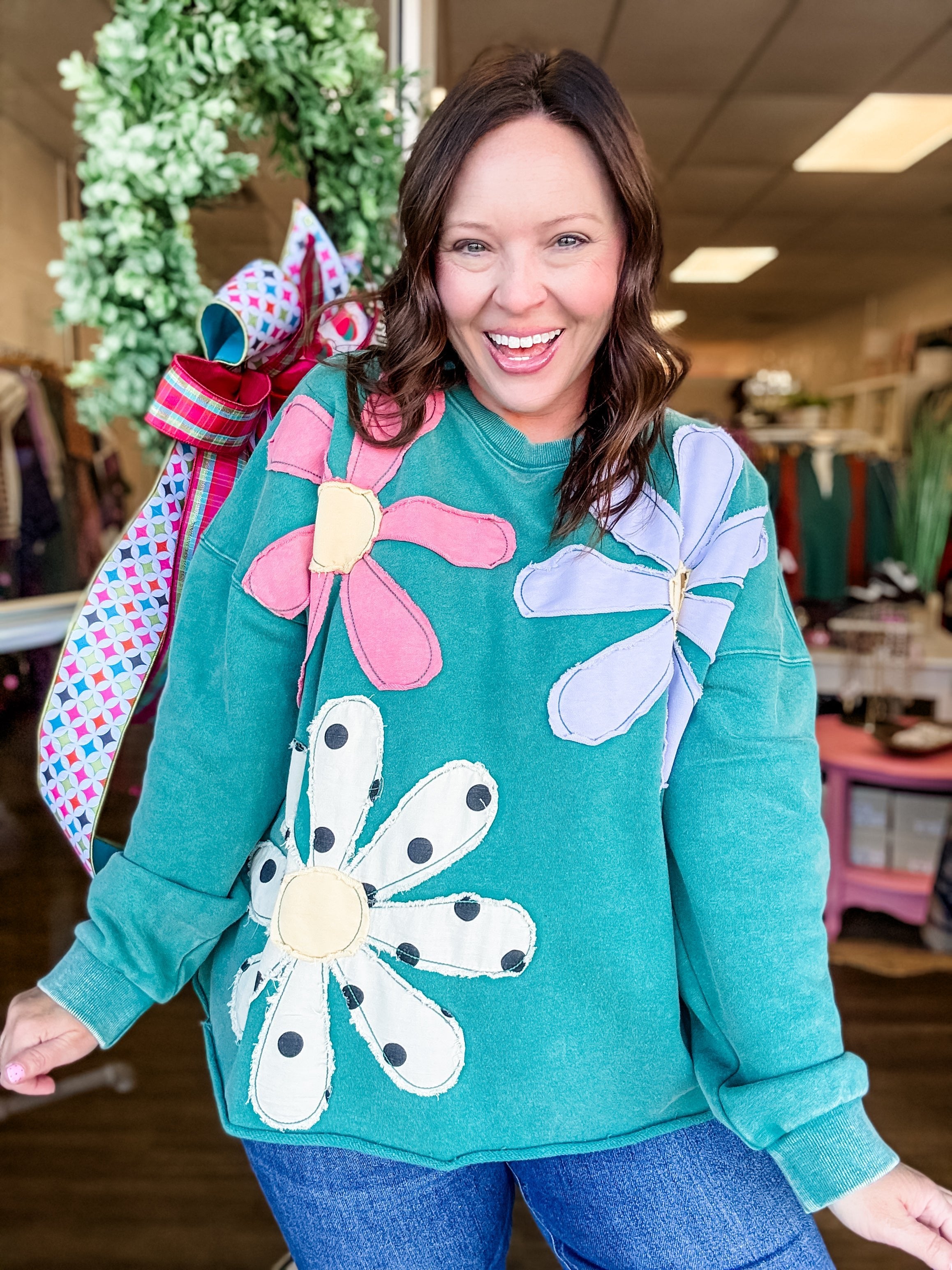 Teal Flower Patch Sweatshirt - Just a Small Town Girl