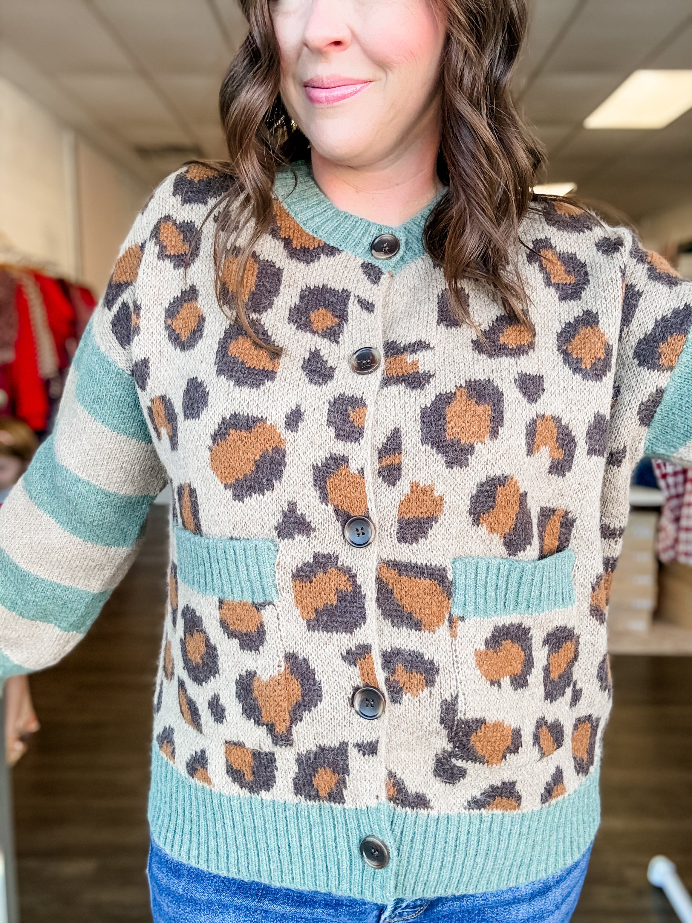 Teal Leopard Striped Sleeve Cardigan - Just a Small Town Girl