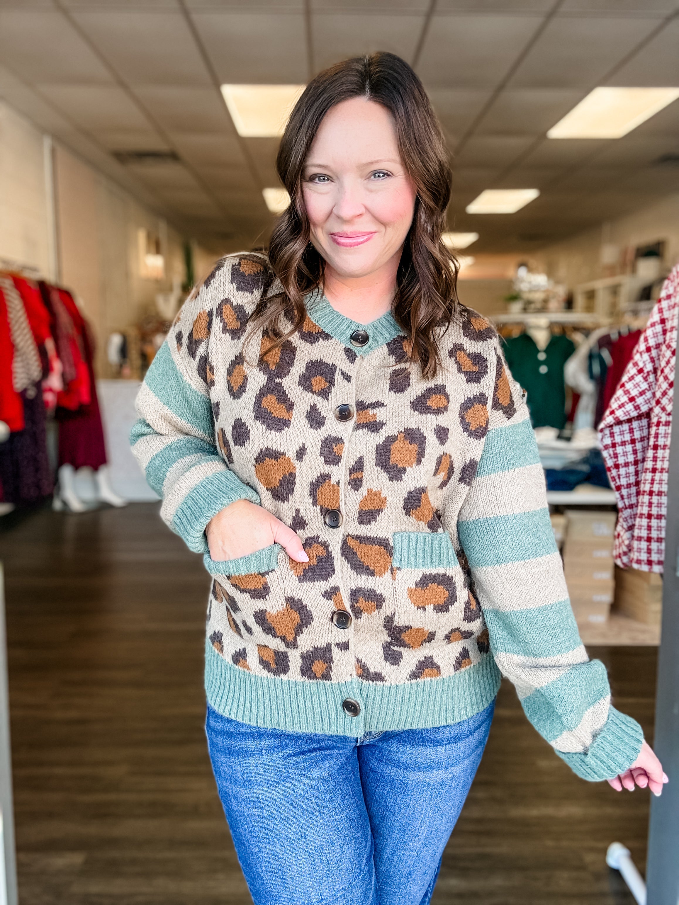 Teal Leopard Striped Sleeve Cardigan - Just a Small Town Girl