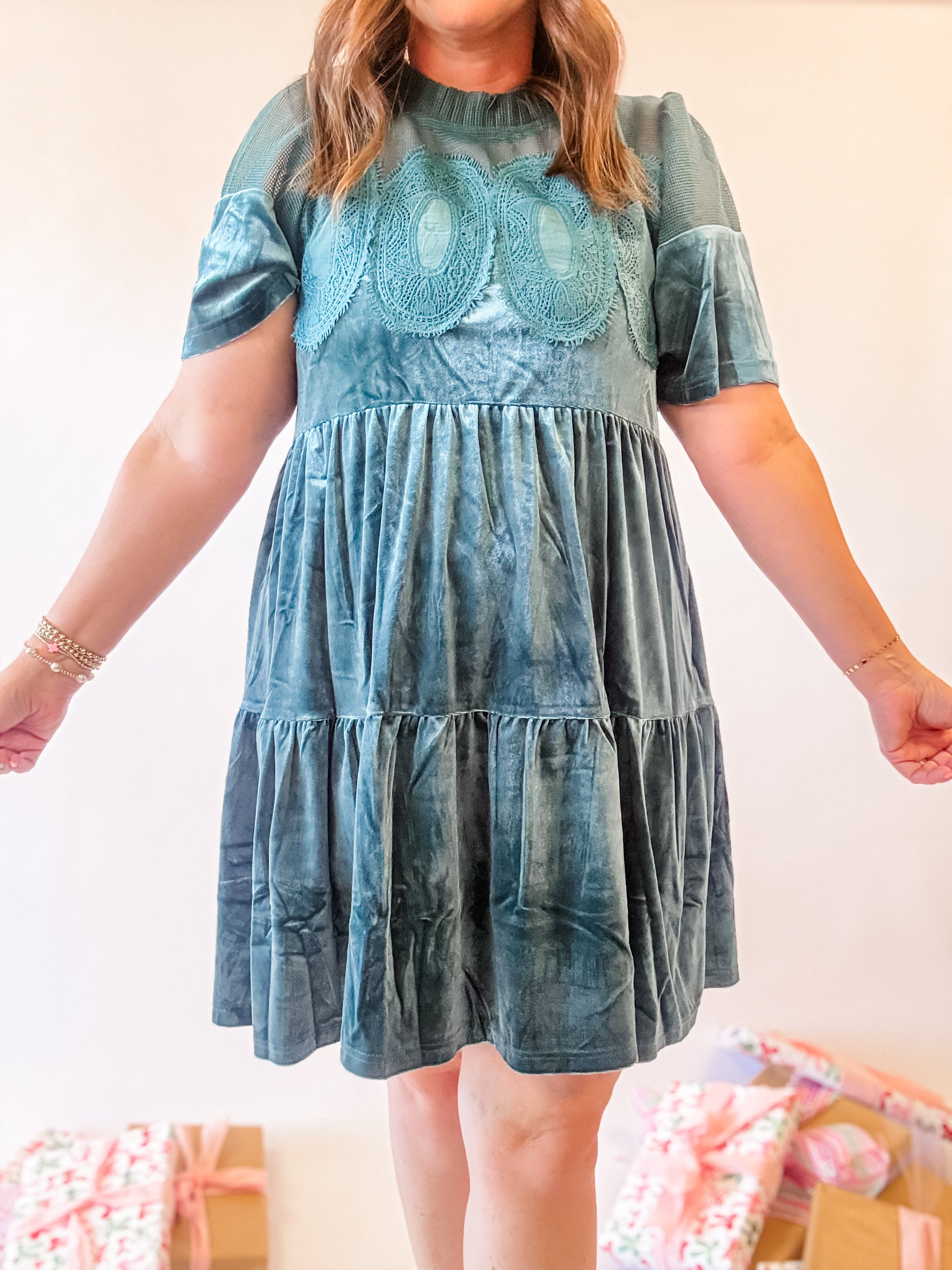Teal Velvet Lace Medallion Tiered Dress - Just a Small Town Girl