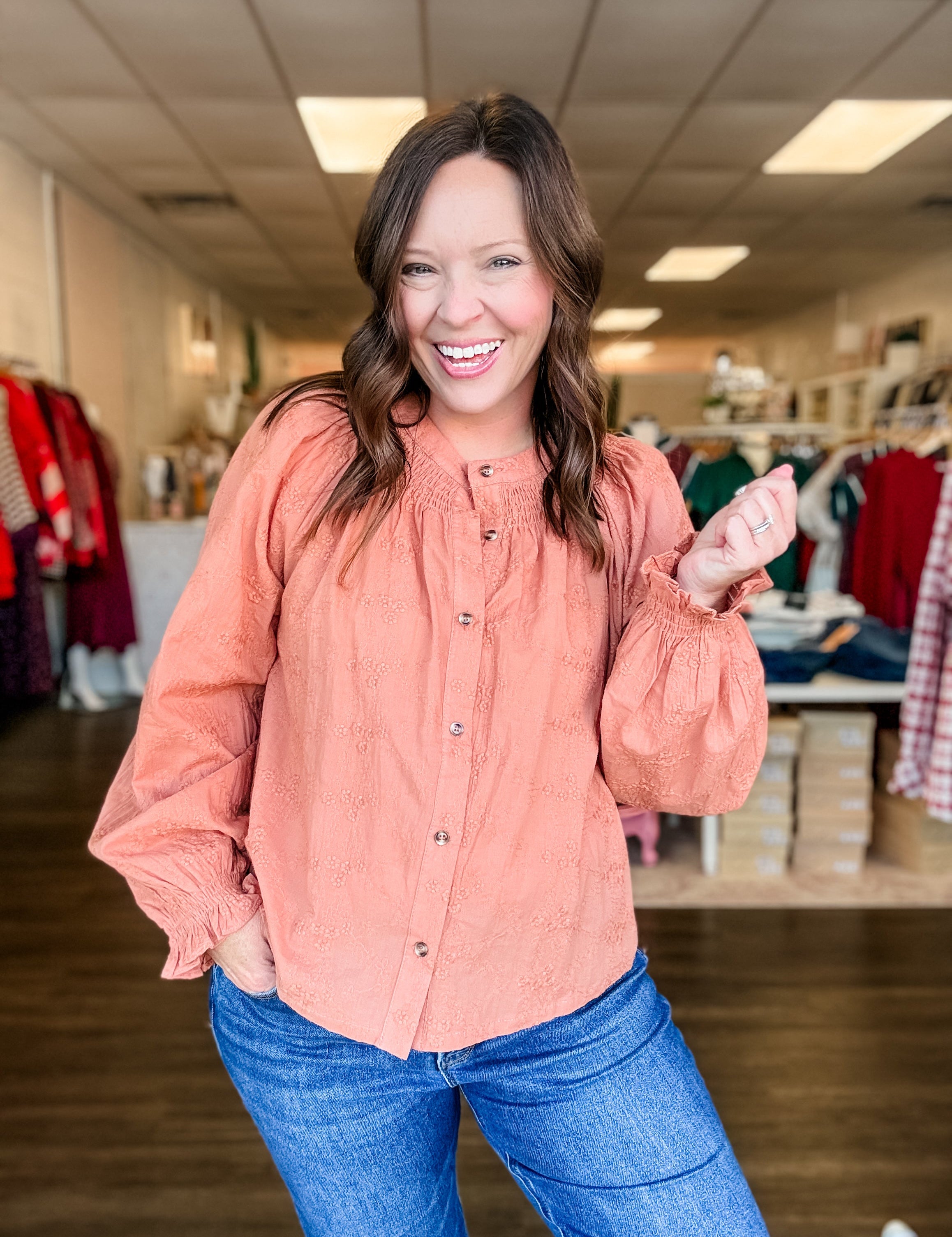 Terracotta Embroidered Smocked Button-Up Blouse - Just a Small Town Girl