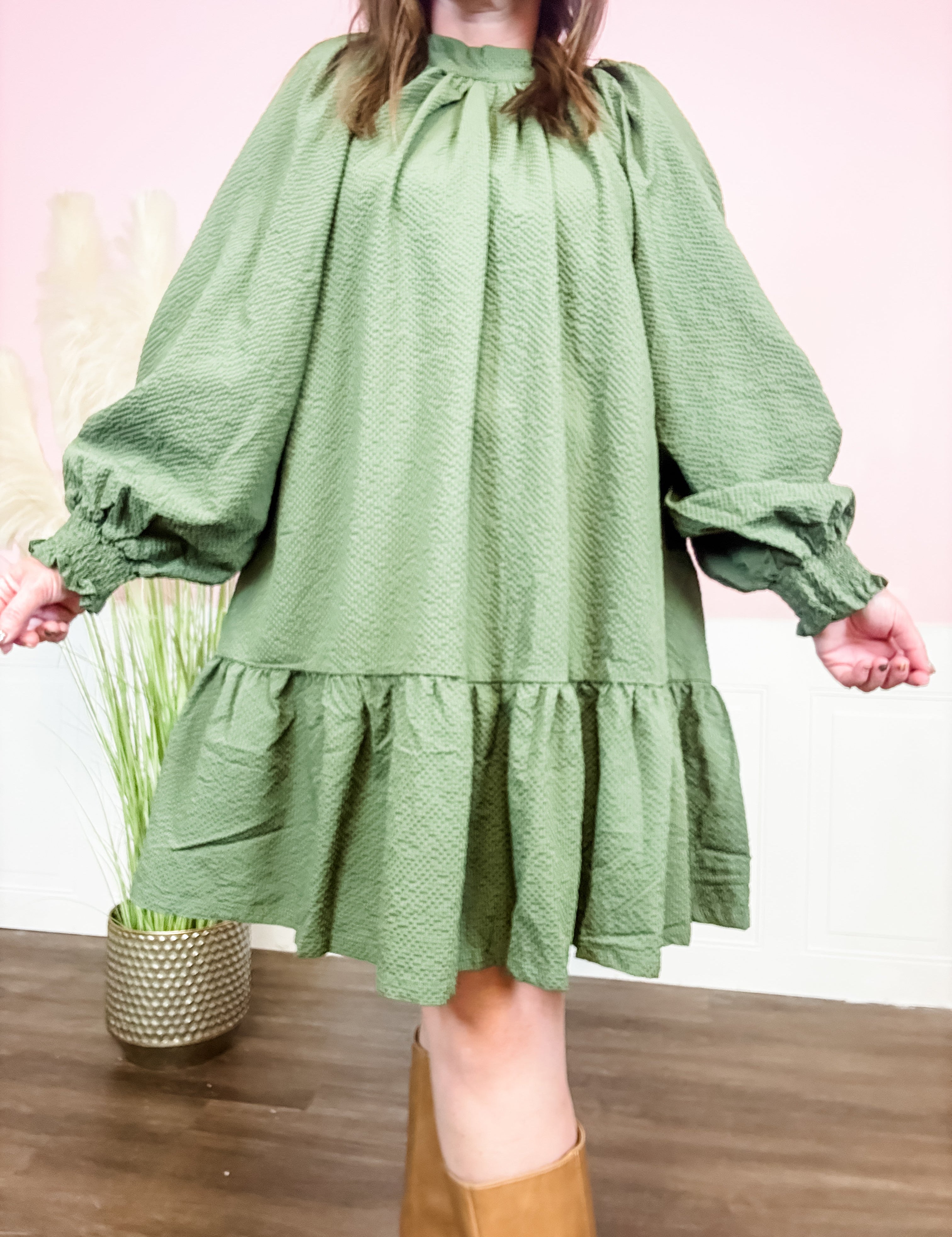 Textured Tiered Dress in Olive - Just a Small Town Girl