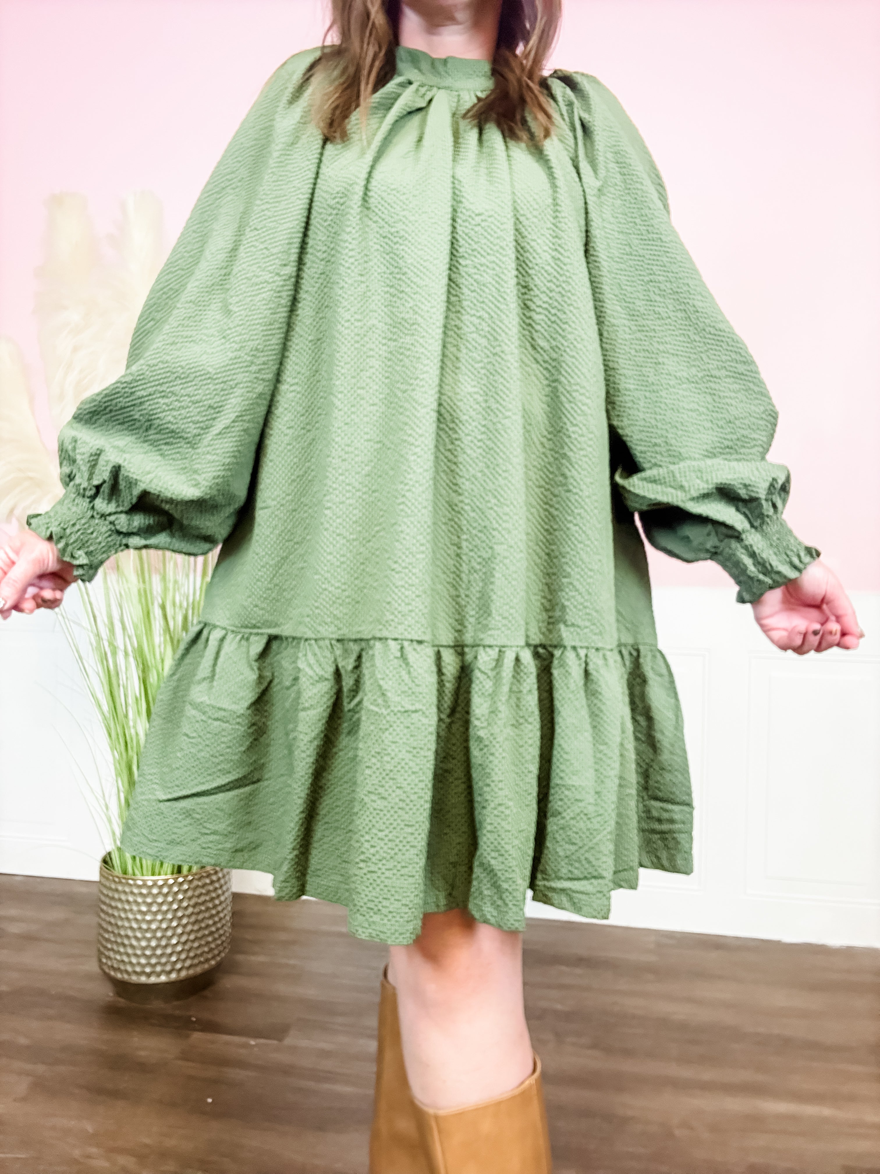 Textured Tiered Dress in Olive - Just a Small Town Girl