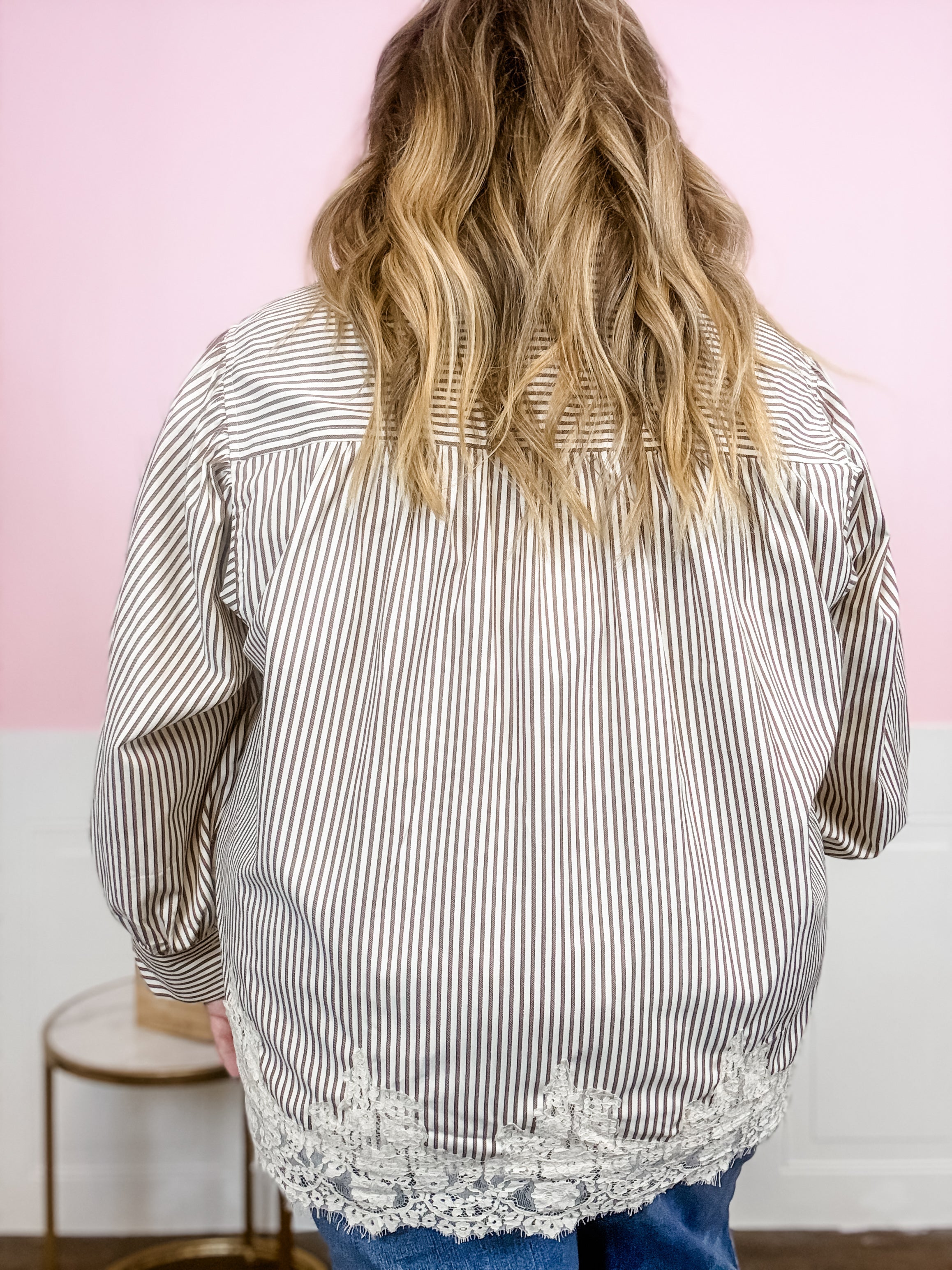 The Lace Trim Stripe Blouse: Plus - Just a Small Town Girl
