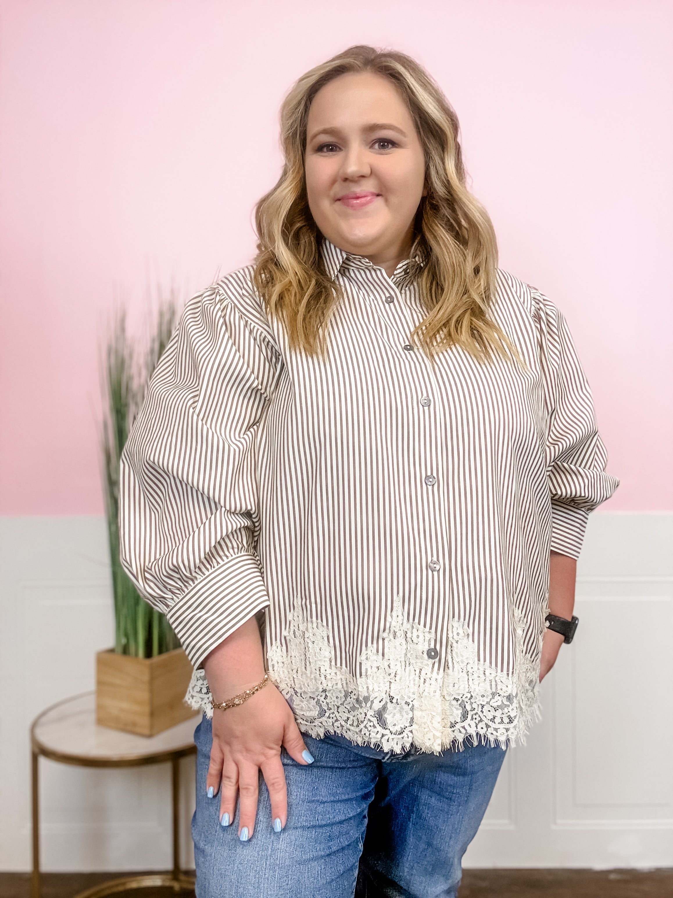 The Lace Trim Stripe Blouse: Plus - Just a Small Town Girl