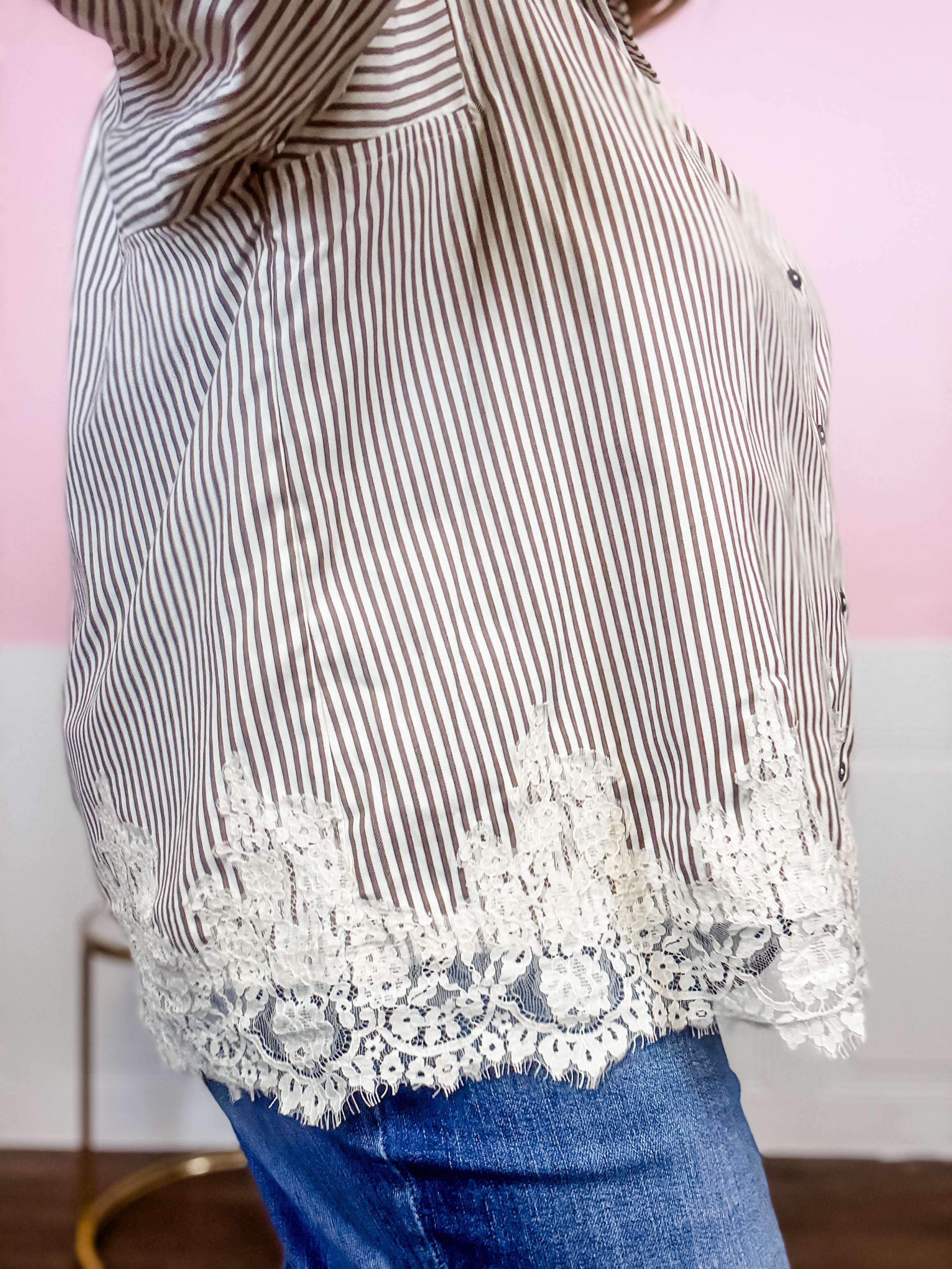 The Lace Trim Stripe Blouse: Plus - Just a Small Town Girl