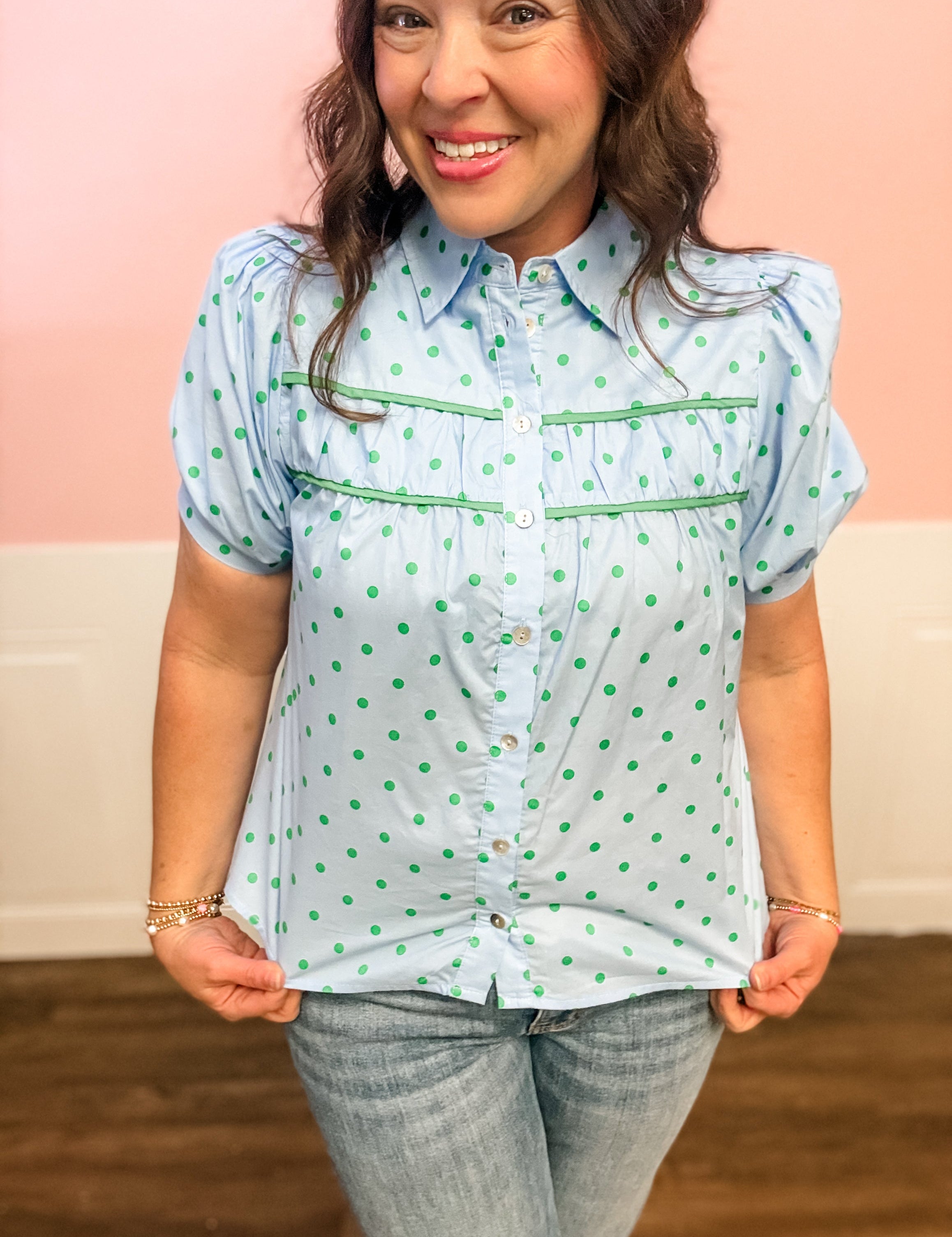 The Lucky Dot Button - Up Blouse - Just a Small Town Girl
