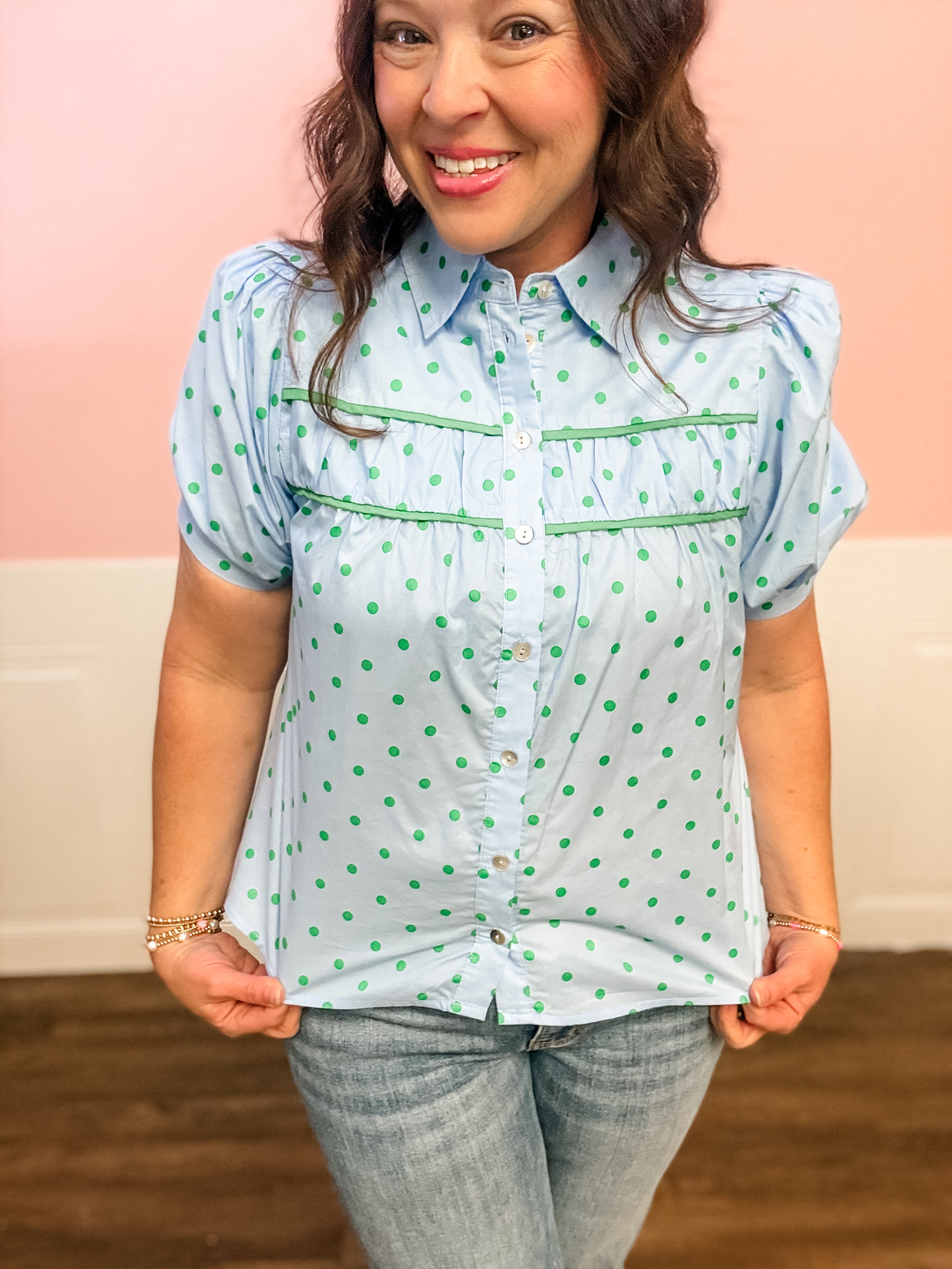 The Lucky Dot Button - Up Blouse - Just a Small Town Girl