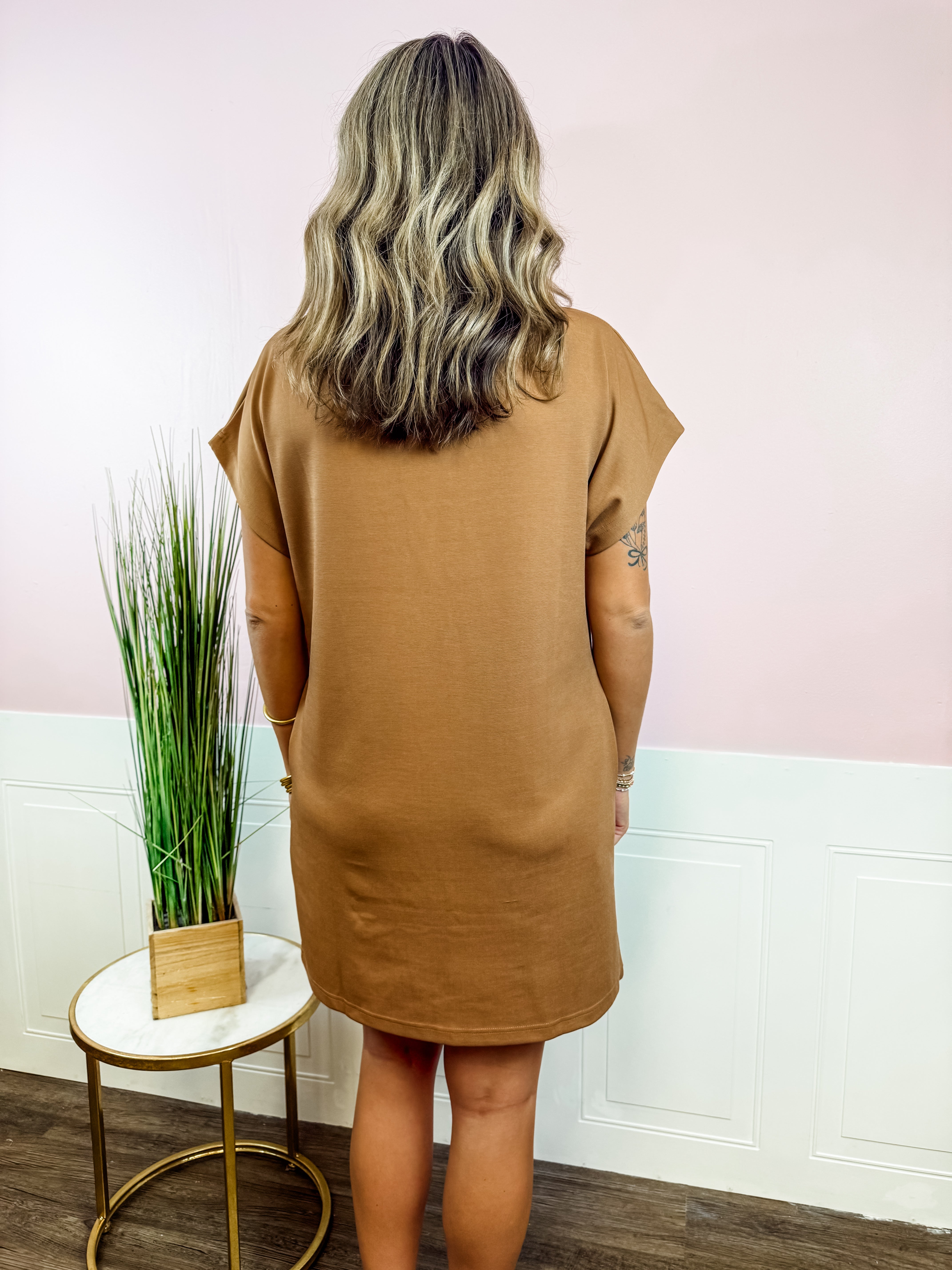 Toffee Mock Neck Wave Hem Dress - Just a Small Town Girl