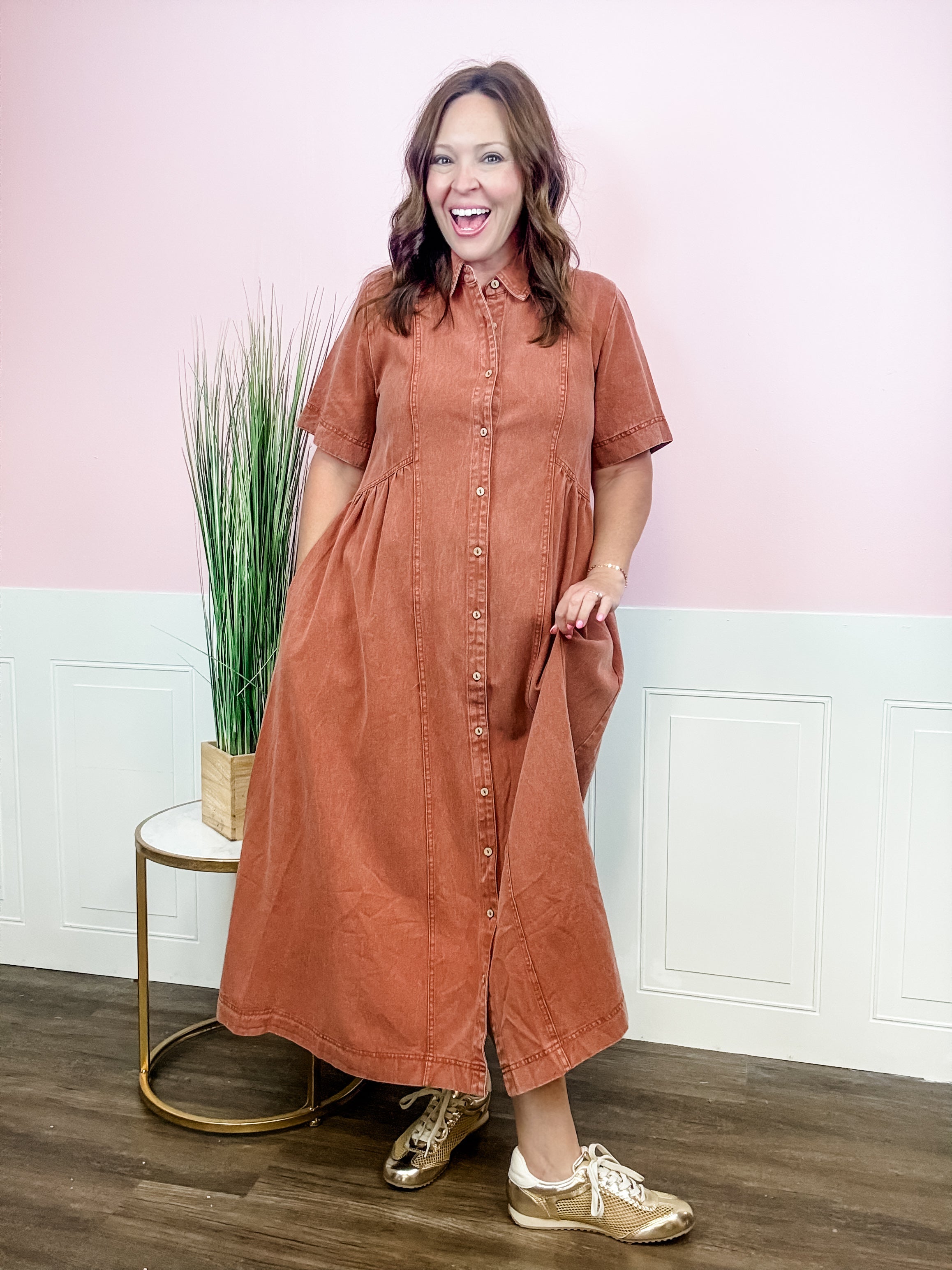 Vintage Henna Button-Front Shirtdress - Just a Small Town Girl