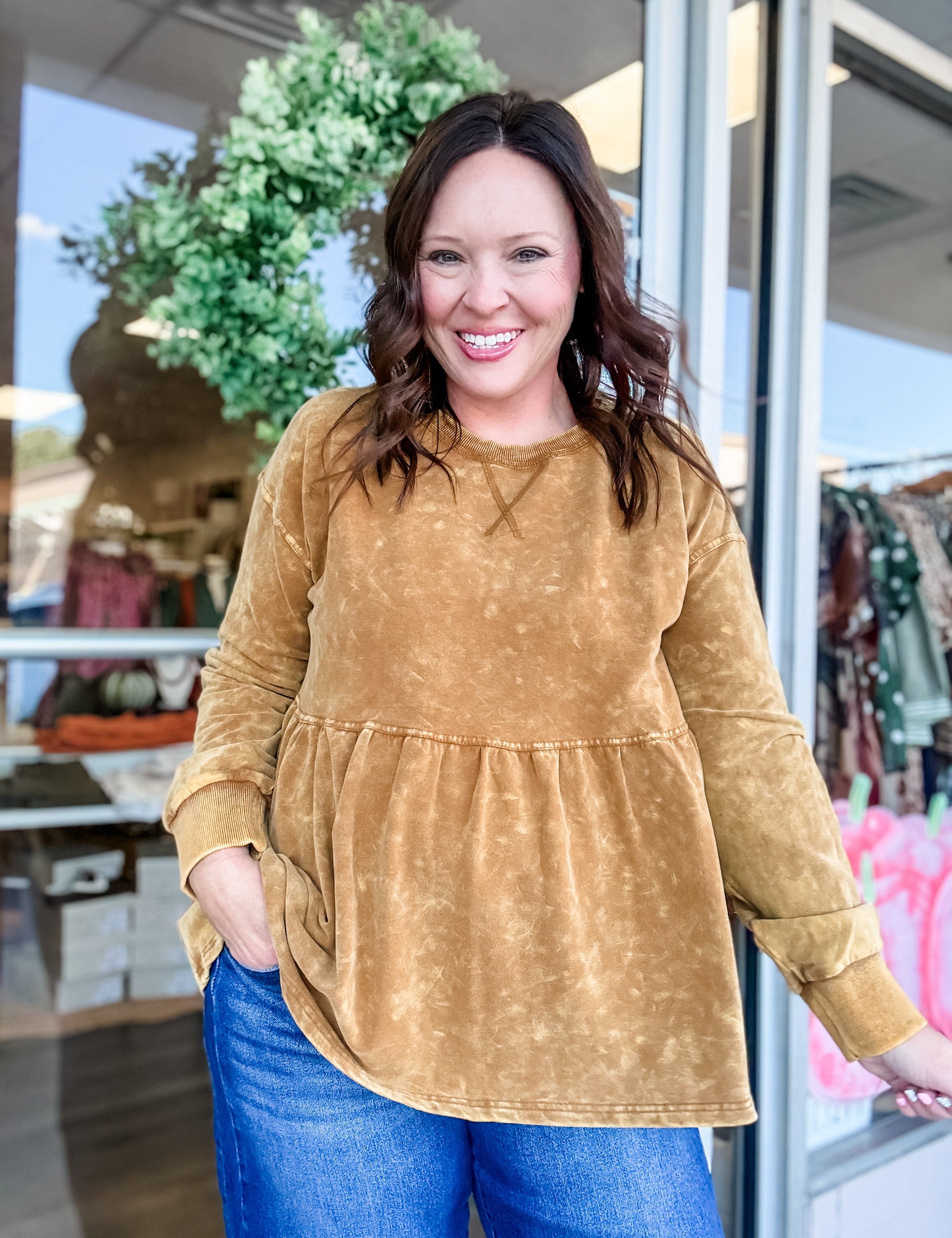 Washed Toffee Peplum Sweatshirt - Just a Small Town Girl