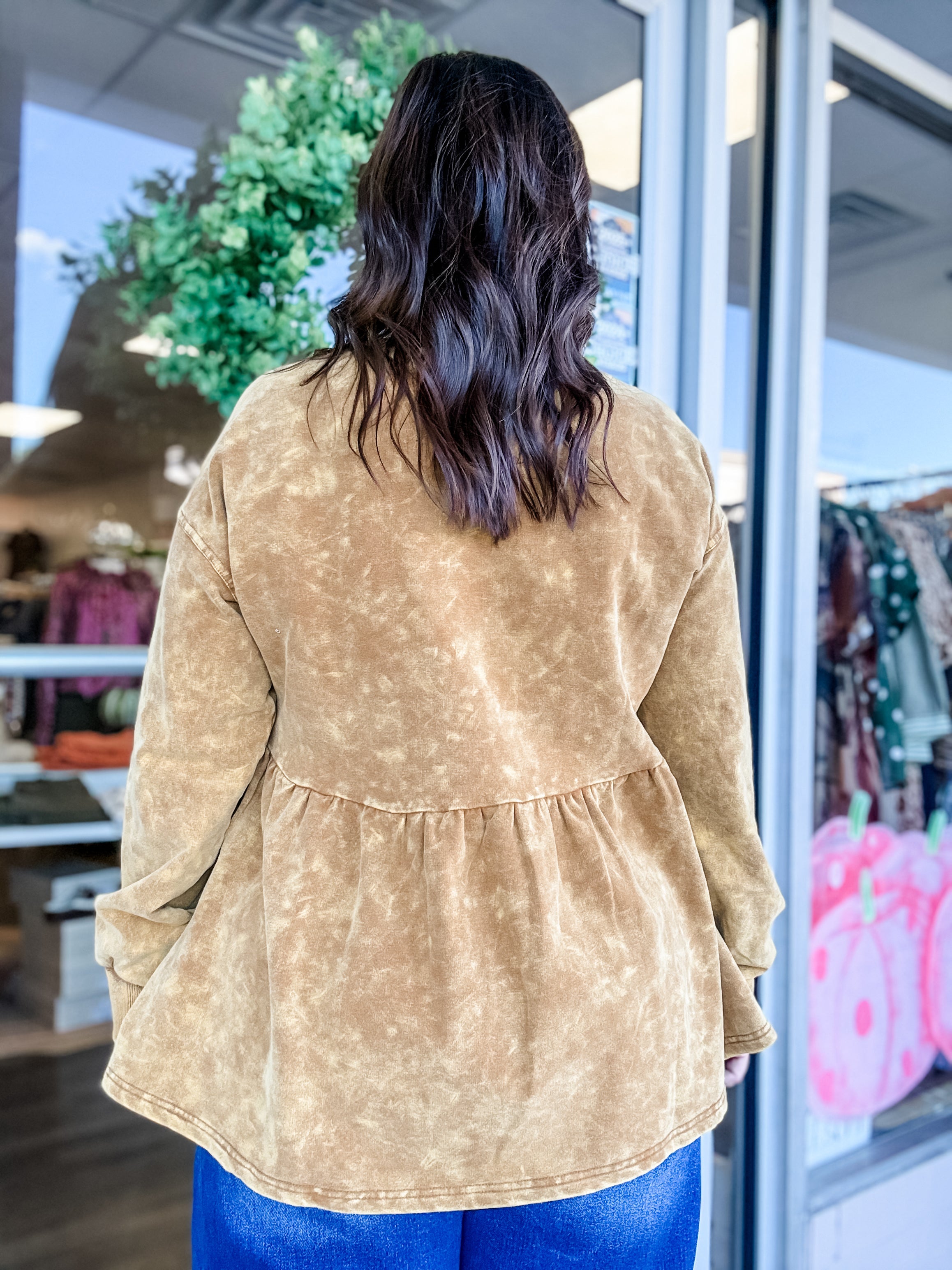 Washed Toffee Peplum Sweatshirt - Just a Small Town Girl