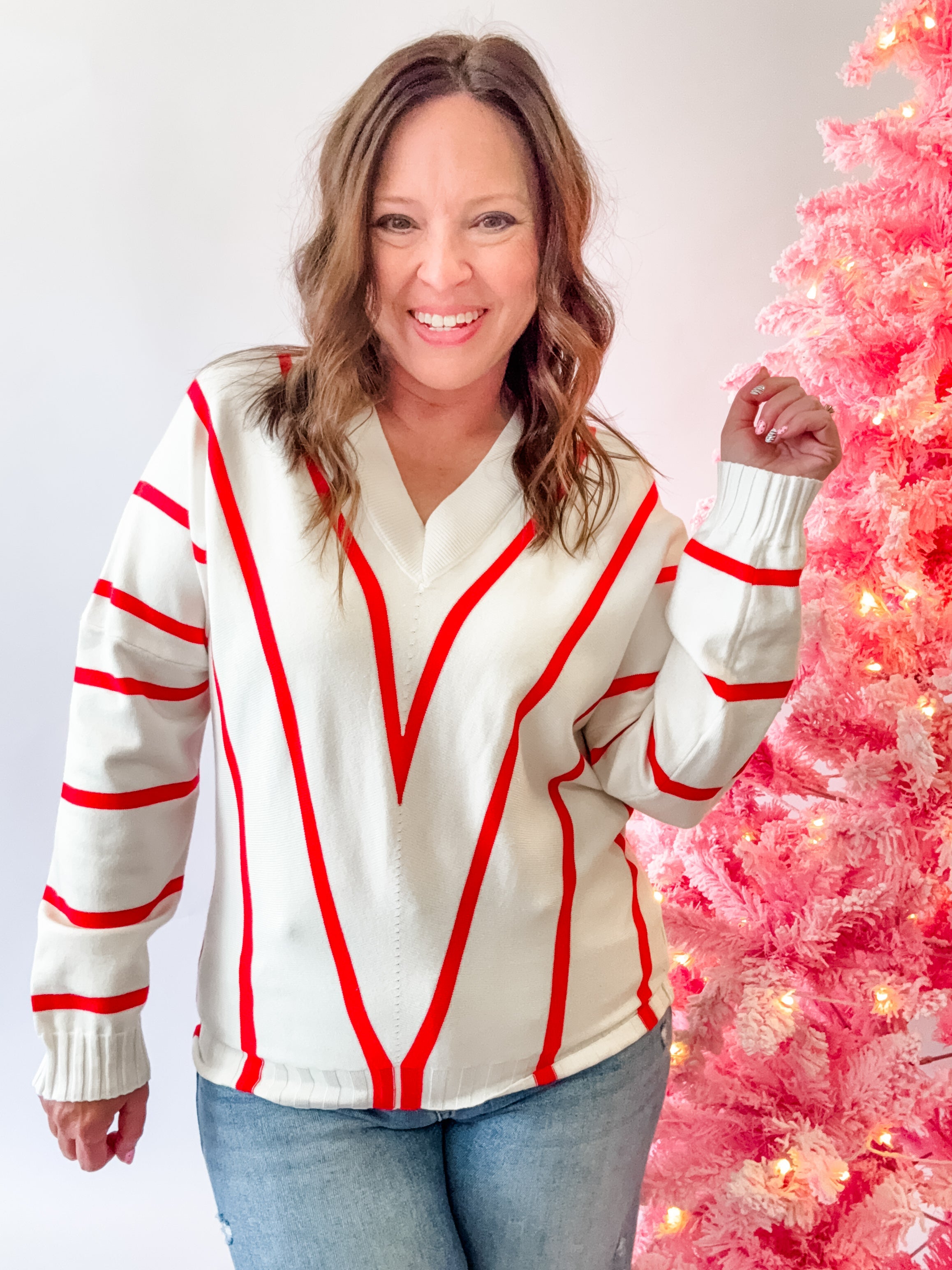 White and Red Striped V-Neck Sweater - Just a Small Town Girl